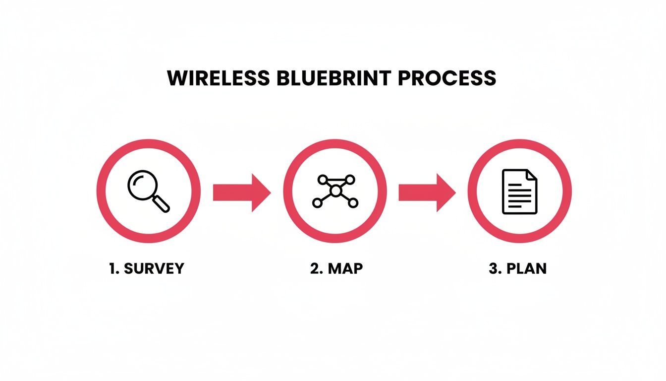 A Visual Diagram Outlining The Three-Step Wireless Blueprint Process: Survey, Map, And Plan.