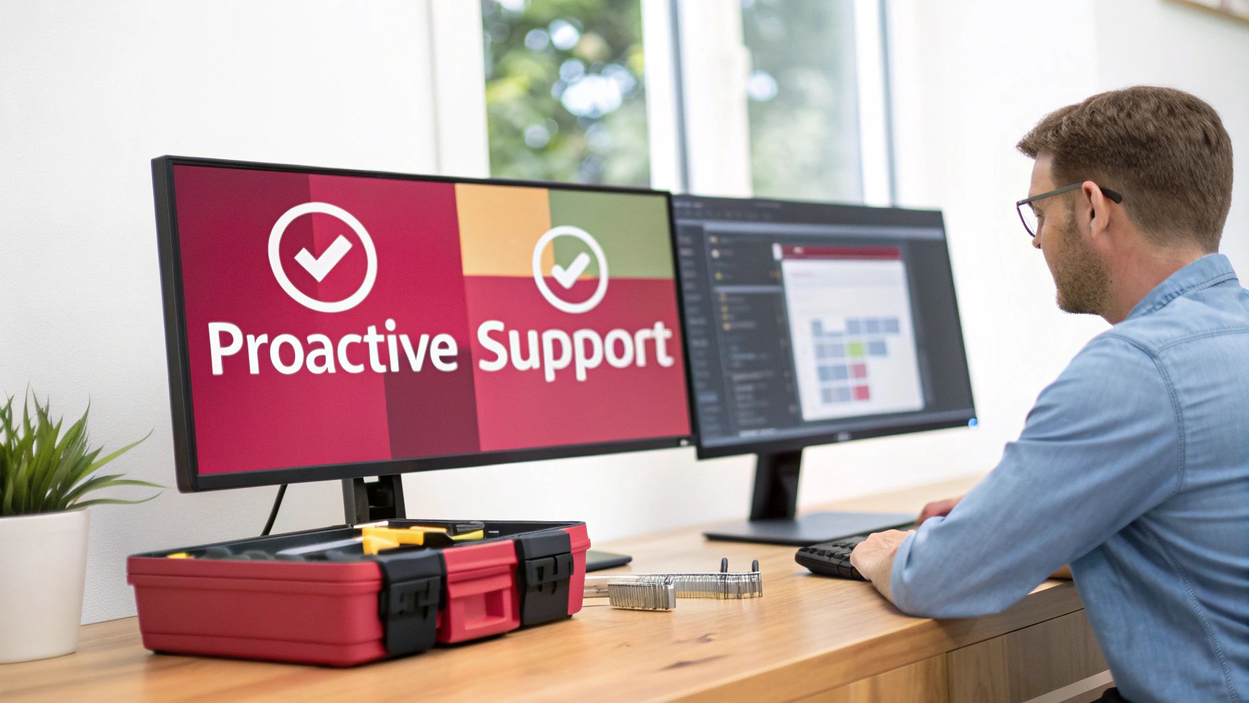 A Guide To It Support &Amp; Services For Uk Businesses A Man Wearing Glasses Works At A Desk With Two Monitors, One Showing &Quot;Proactive Support&Quot;.