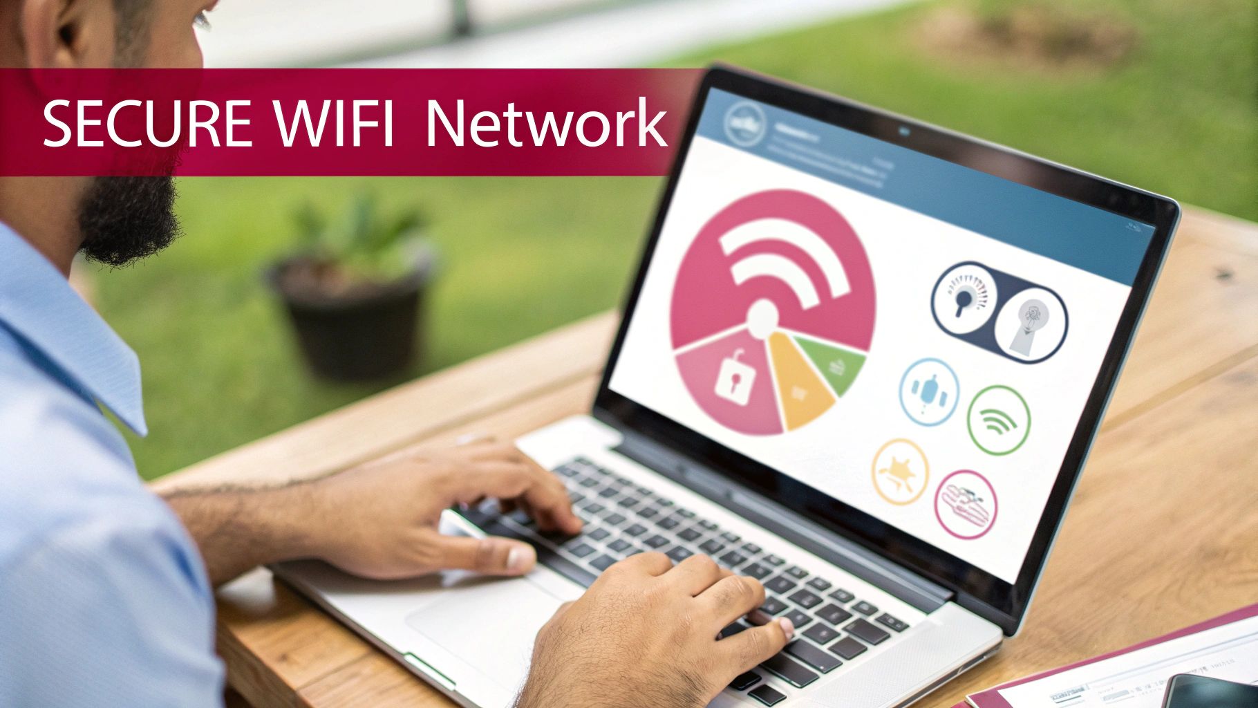 Man Working On A Laptop Displaying A Secure Wifi Network Infographic Outdoors On A Wooden Table.