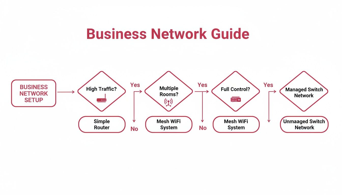 Unlocking Growth With Wifi Business Solutions A Flowchart Guiding Business Network Setup Decisions, Recommending Different Wifi Solutions Based On Needs.