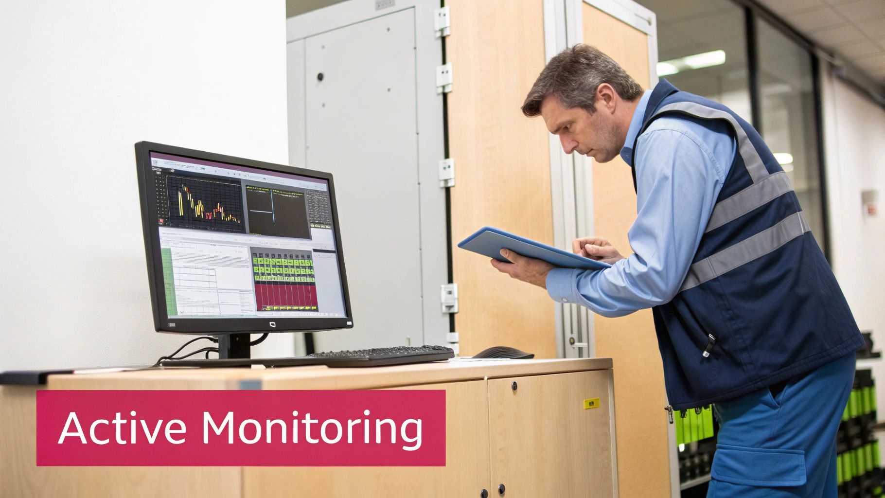 Man In A Reflective Vest Analyzing Data On A Tablet Next To A Computer Monitor Showing Graphs, Suggesting Active Monitoring.