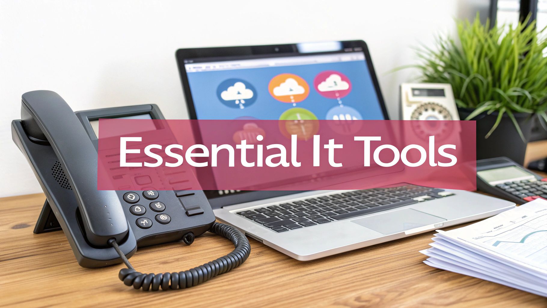 Essential It Tools Including Laptop, Desk Phone, And Cloud Computing Icons On Office Desk