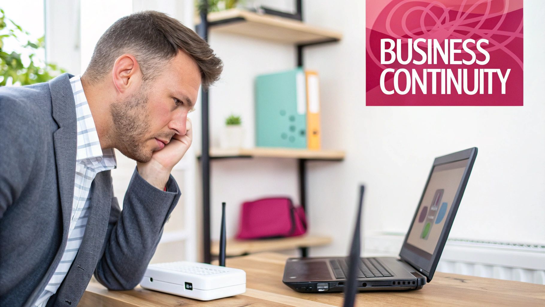 Securing Your Wireless Network: A Practical Guide For Uk Businesses Stressed Man At A Desk With A Wireless Router And Laptop, Facing Business Continuity Challenges.