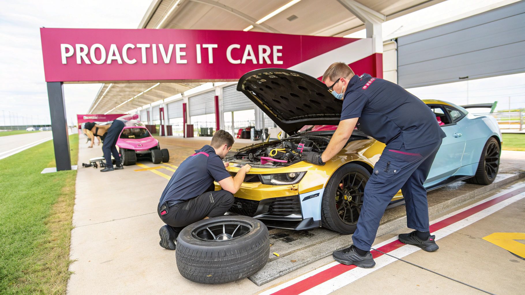 Choosing Managed It Service Companies: A Guide For Smbs Two It Technicians Performing Proactive Maintenance Service On Sports Car At Racing Track Facility