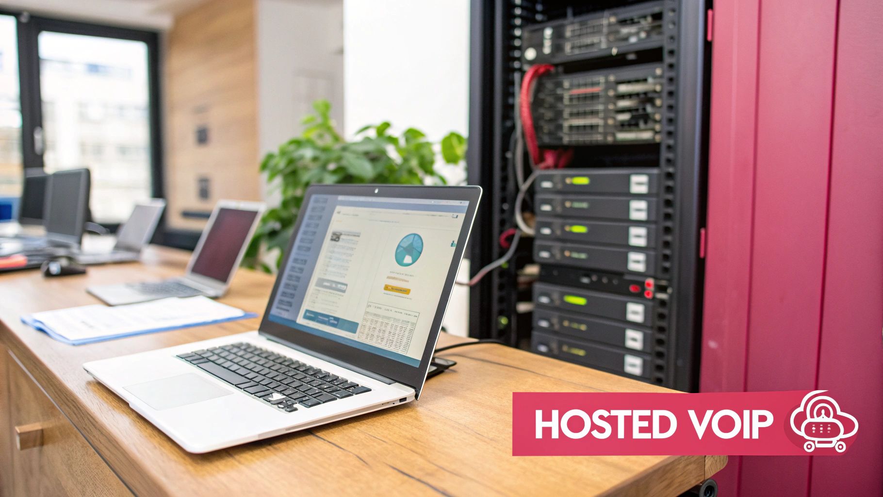 A Guide To Hosted Voip Phone Systems For Uk Businesses Modern Office With Laptops On A Wooden Desk, A Server Rack, And A 'Hosted Voip' Banner.