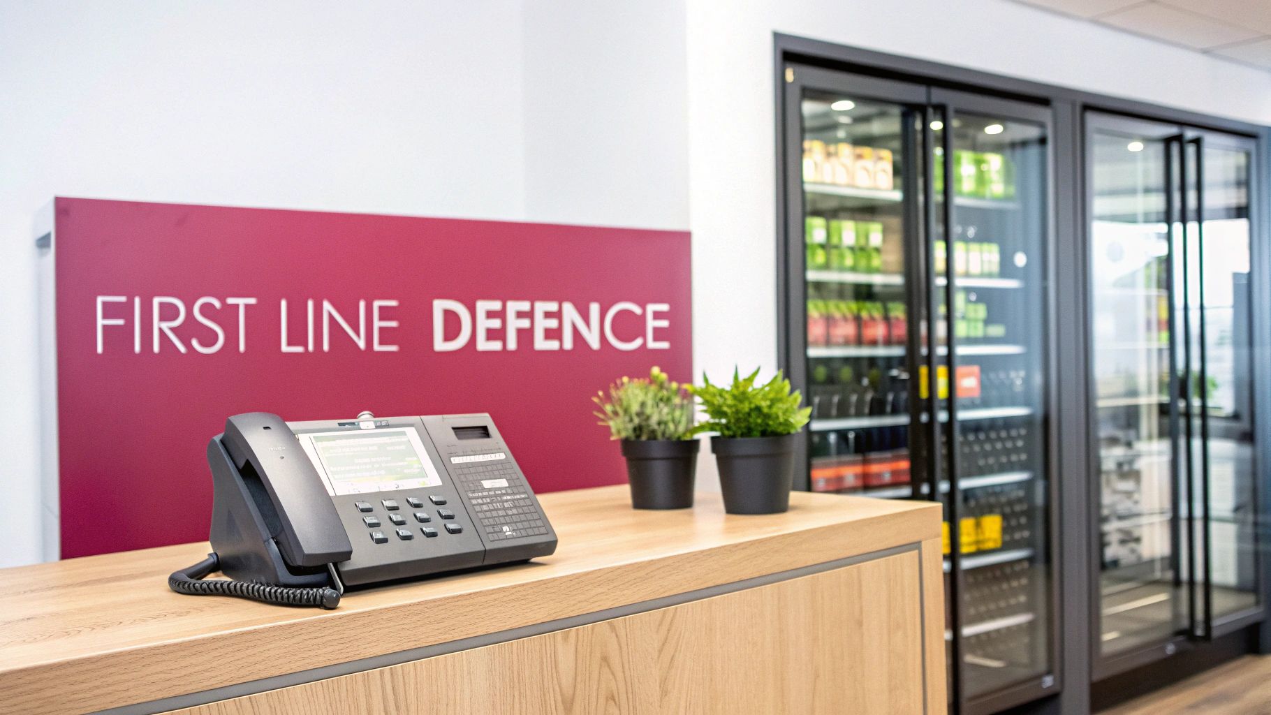 A Modern Reception Desk Featuring A 'First Line Defence' Sign, A Desk Phone, Plants, And Beverage Fridges.