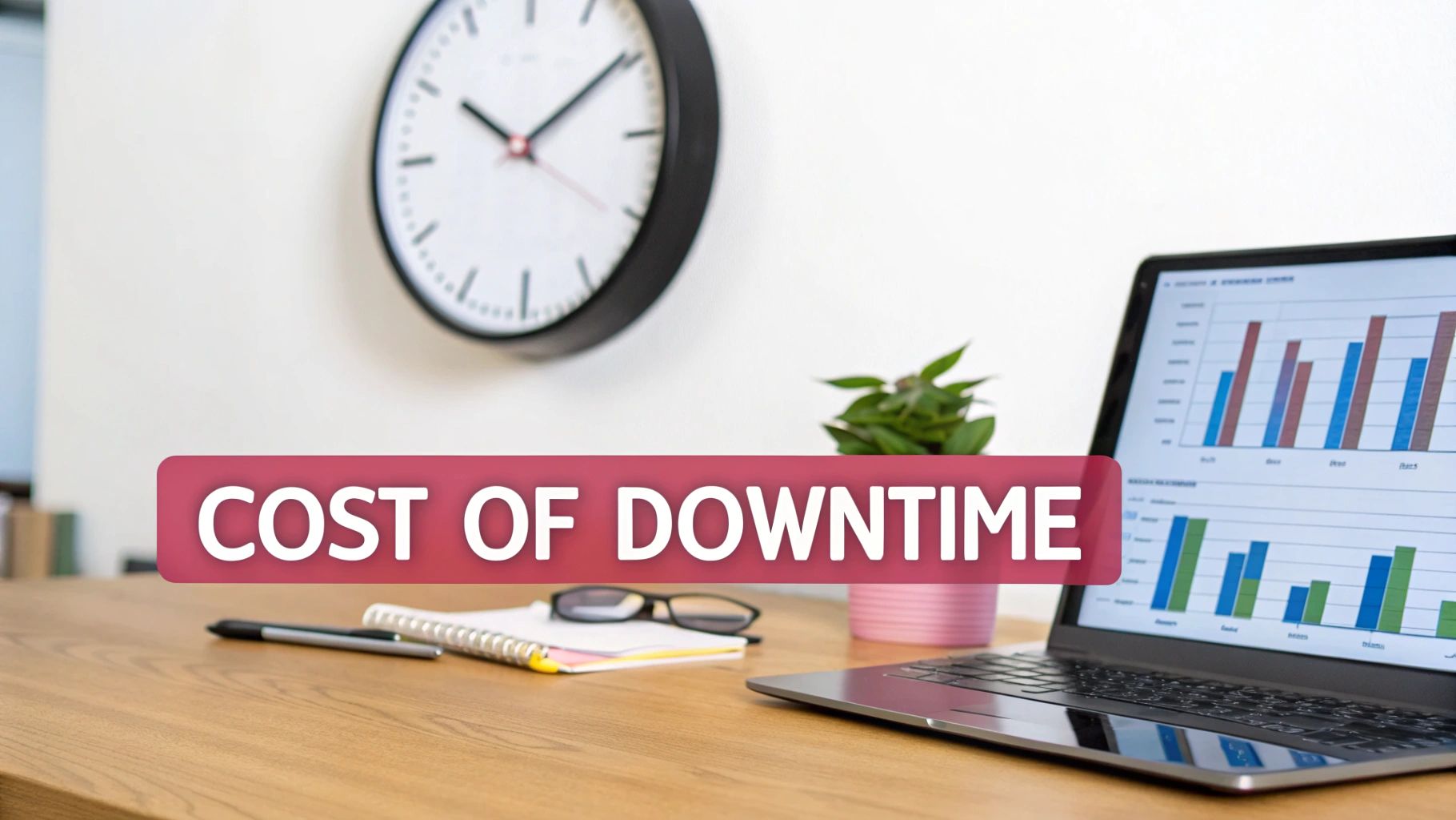 A Prominent Red Banner Stating 'Cost Of Downtime' On A Busy Office Desk With A Laptop.