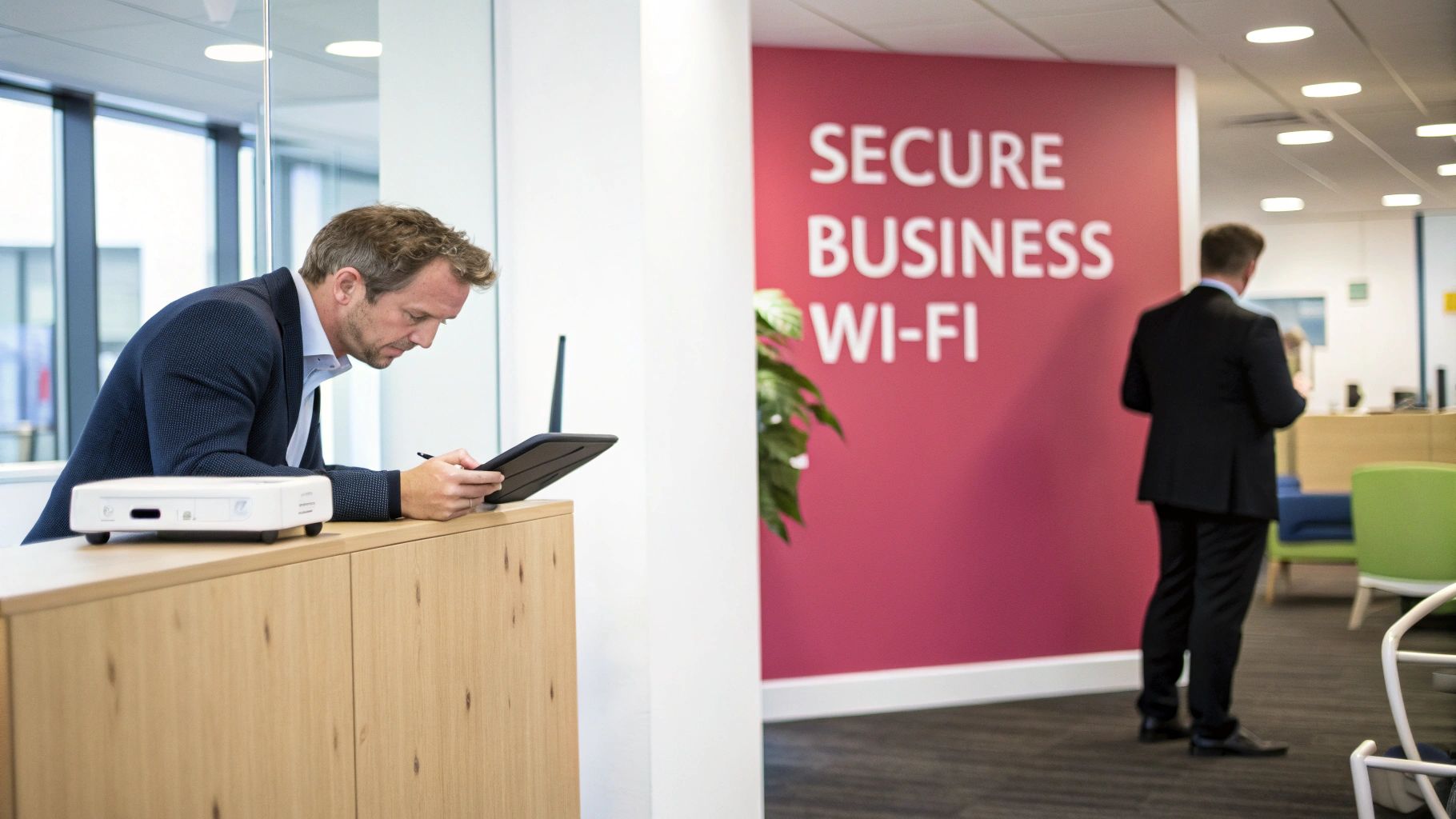A Businessman Uses A Tablet, Leaning On A Counter, With A 'Secure Business Wi-Fi' Sign In The Background.