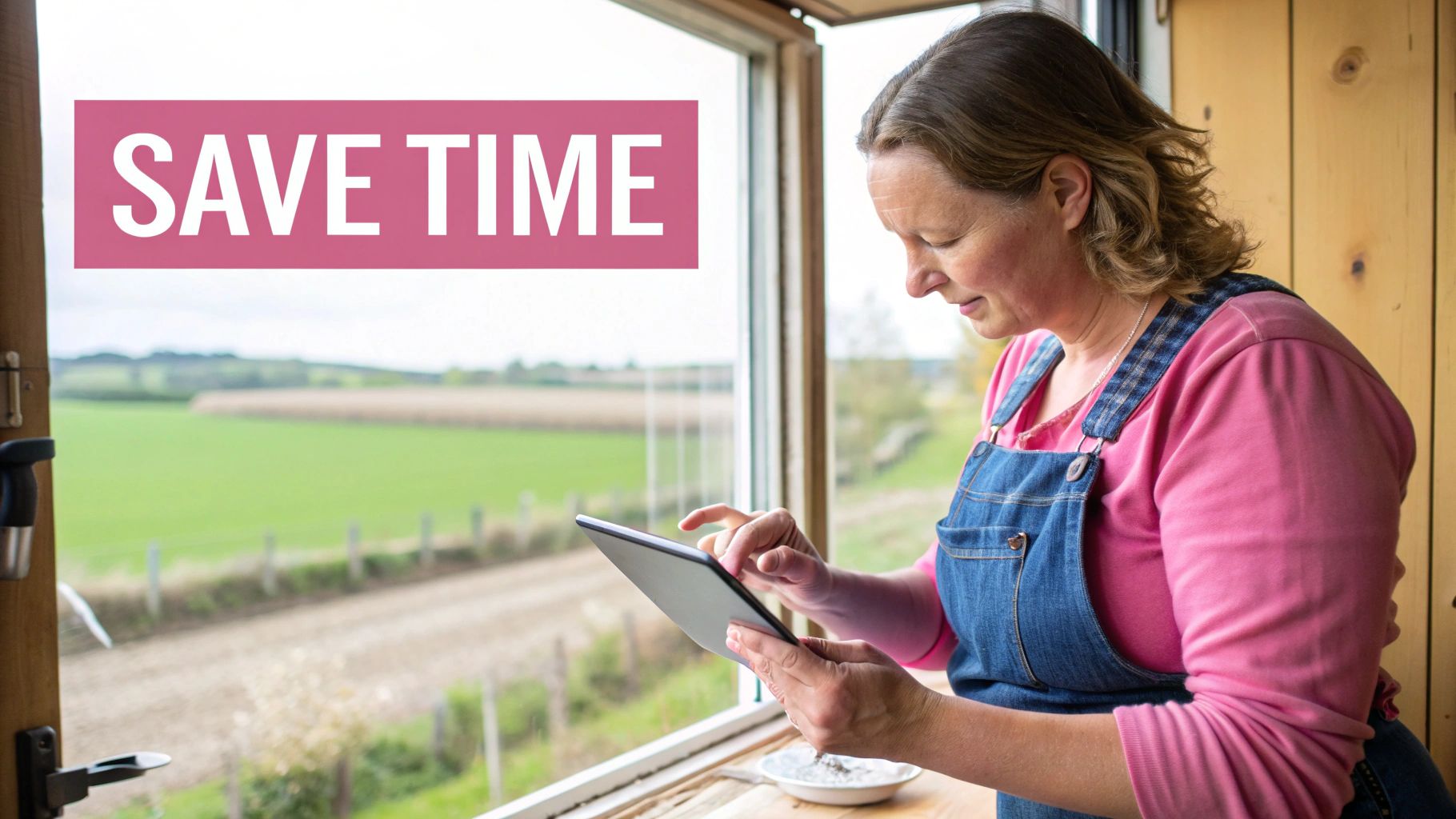 A Woman In Pink And Denim Overalls Using A Tablet Next To A Window Overlooking A Field, With 'Save Time' Text.