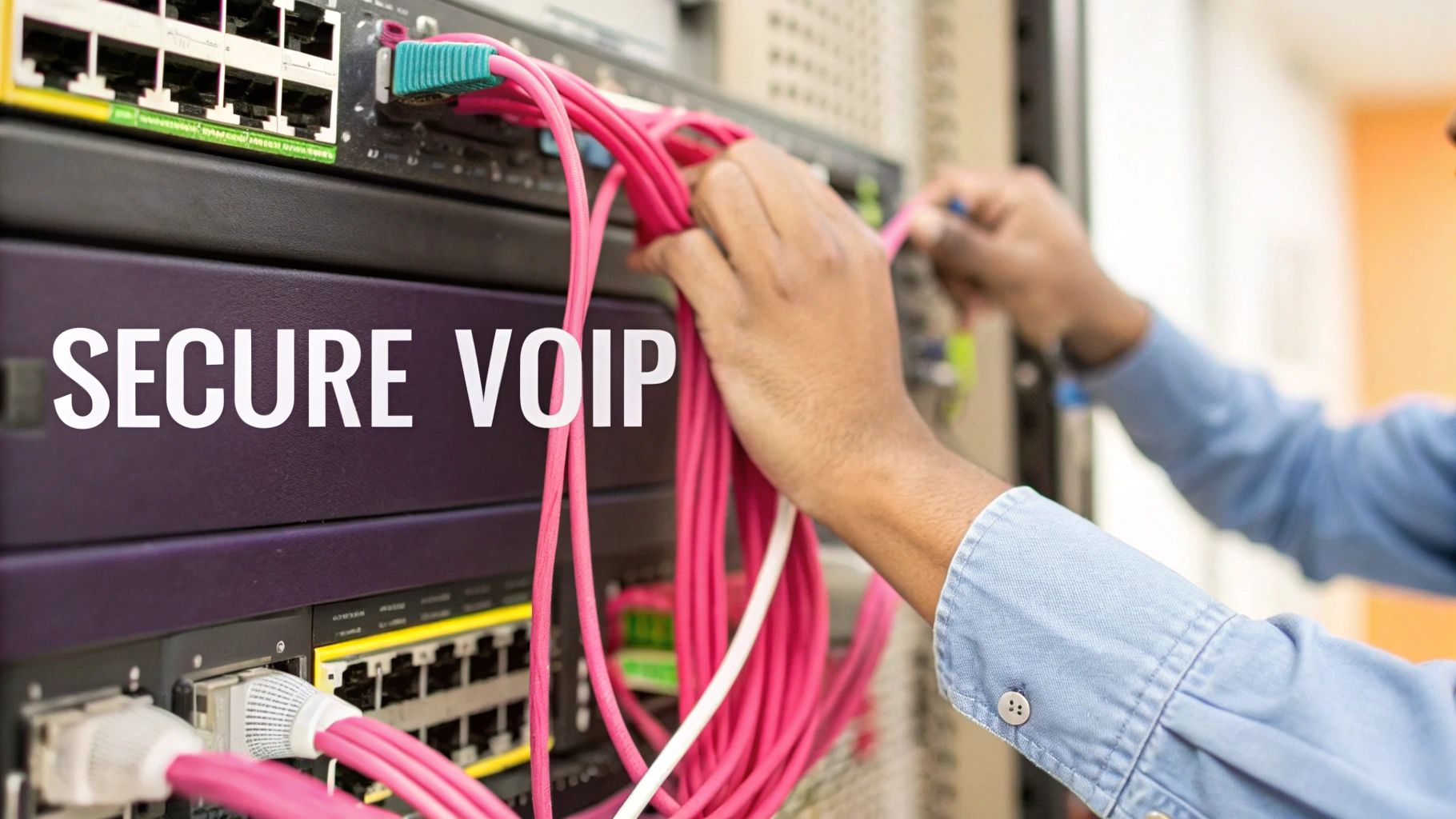 A Technician Connects Pink Cables To Network Switches And Servers, Emphasizing Secure Voip Technology.