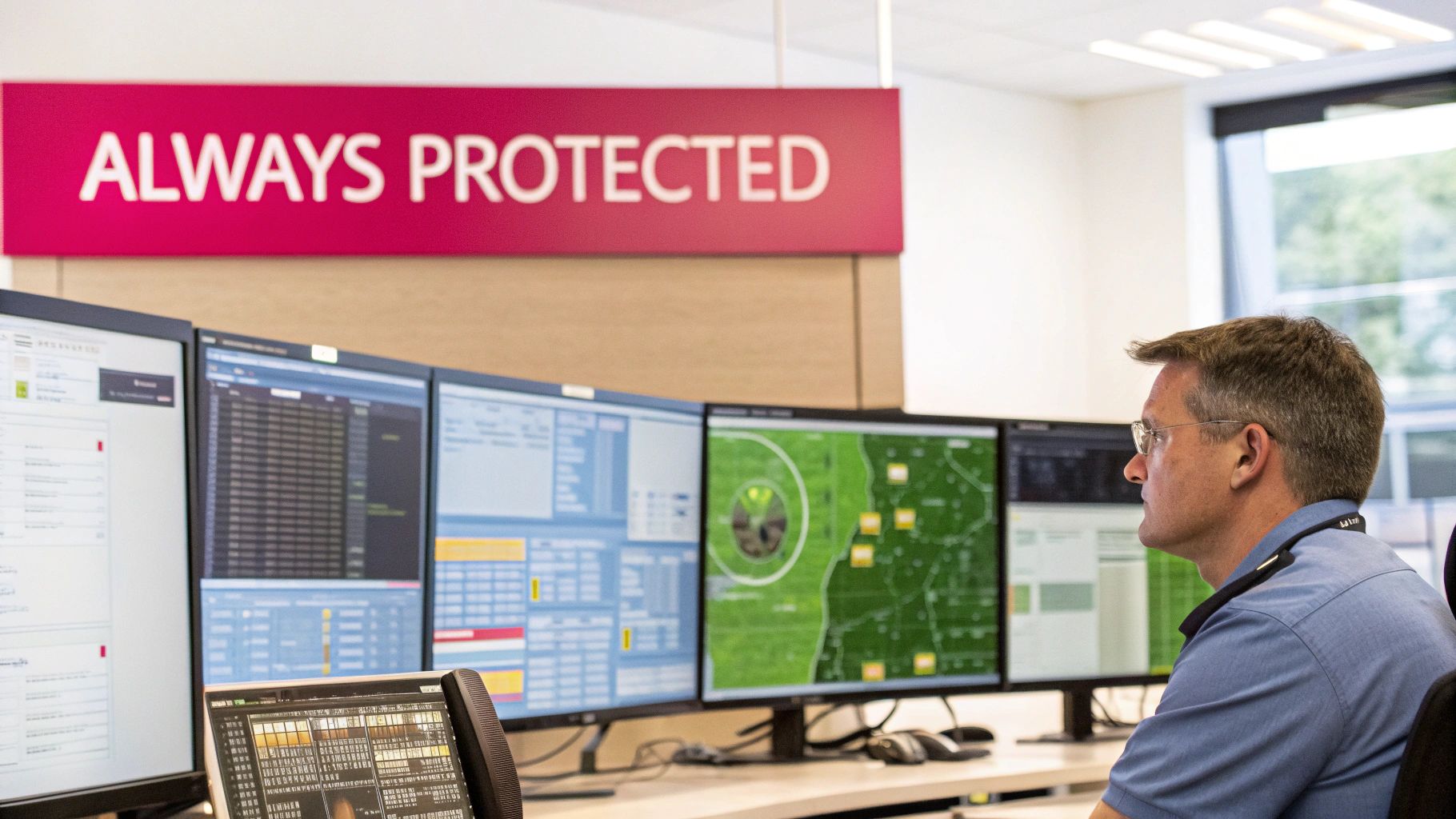 A Man In Glasses Monitors Multiple Computer Screens Displaying Data And Maps In A Control Room.