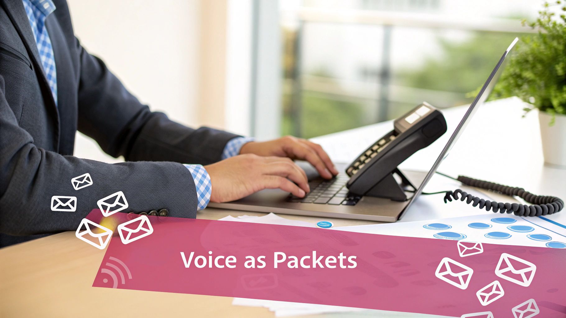 Uk Guide To Voice Over Ip Office Phone Systems Professional Using Laptop And Office Phone, With 'Voice As Packets' Graphic Illustrating Data Communication.