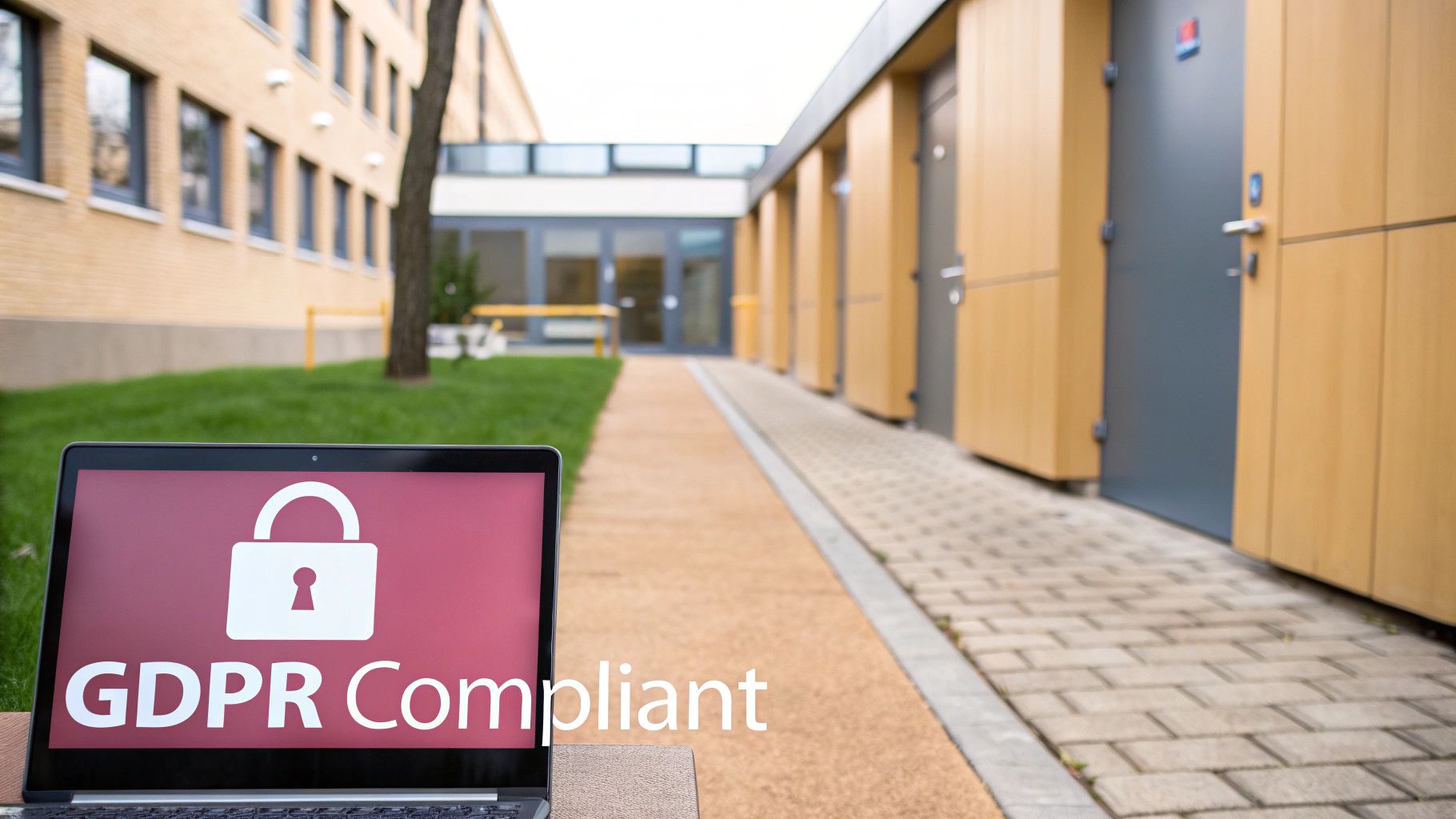 A Laptop Displaying 'Gdpr Compliant' With A Padlock Icon, Symbolizing Data Privacy And Security Outdoors.
