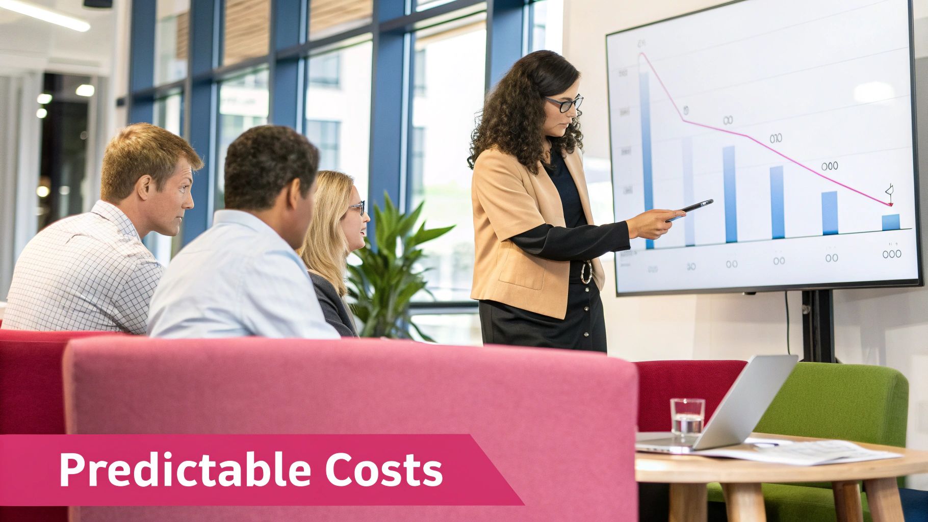 A Graph Showing A Steady, Predictable Monthly Cost Line For It Expenses, With A Smiling Business Owner Looking At It.