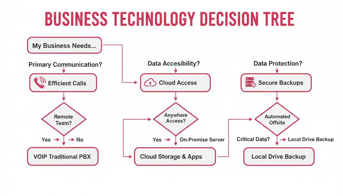 A Business Technology Decision Tree Flowchart Guiding Decisions On Communication, Data Accessibility, And Data Protection.