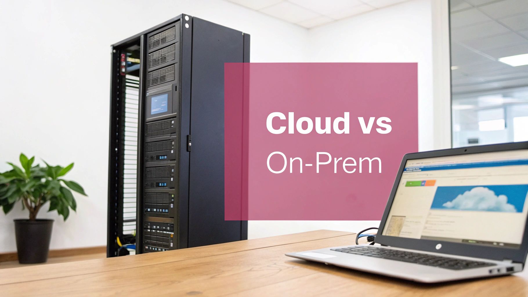 What Is Remote Desktop Protocol? A Guide To Secure Rdp A Cloud Icon And A Server Icon With A Balancing Scale Between Them, Symbolizing The Choice Between Cloud And On-Premise Solutions.
