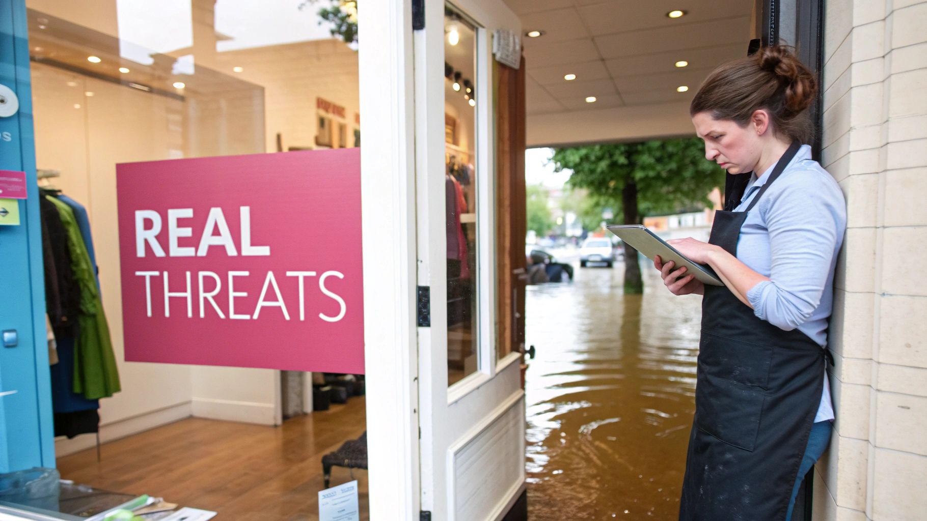 Business Continuity Service For Uk Professional Services: A Practical Guide A Business Owner Evaluates A Severe Flood Outside Her Shop, Highlighting Real Threats.