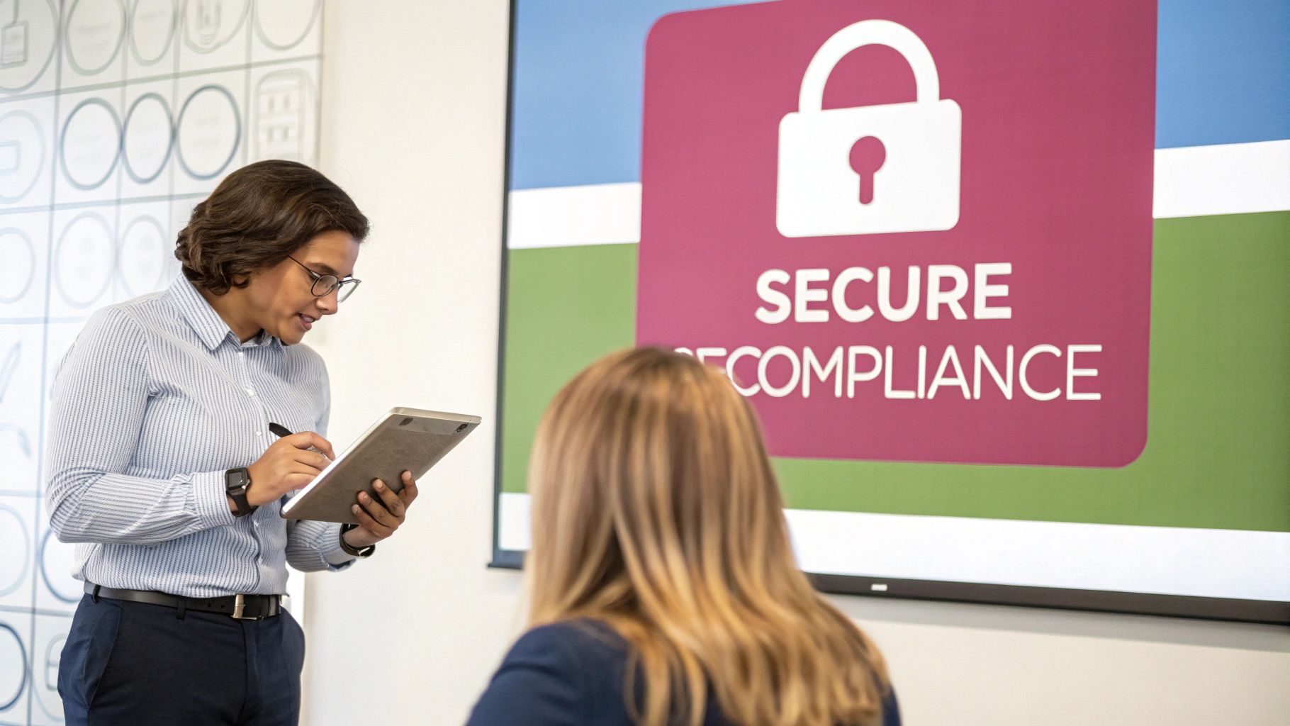 Your Guide To A Managed It Service Provider A Professional Woman With Glasses Holds A Tablet, Explaining Secure It Compliance On A Large Screen.