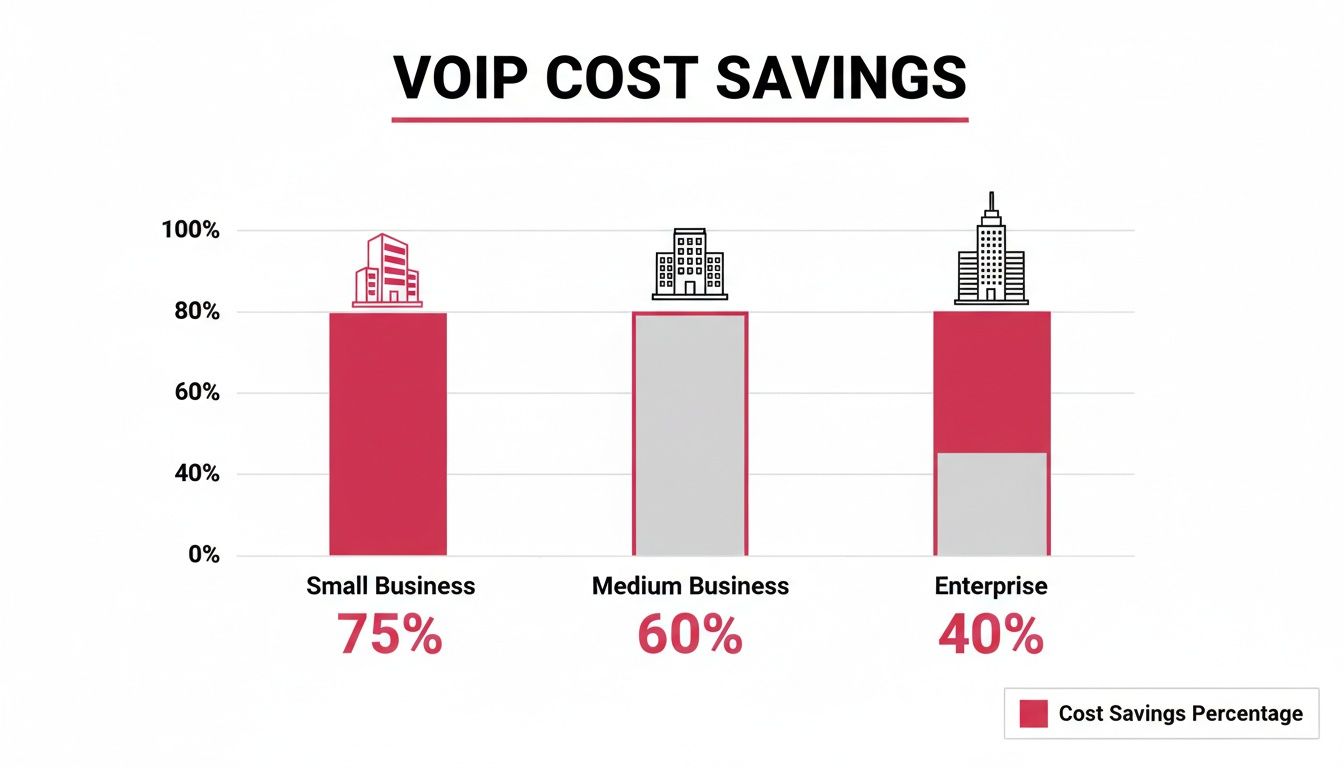 Unlock The Strategic Benefit Of Voip For Your Business Bar Chart Showing Voip Cost Savings: 75% For Small, 60% For Medium, And 40% For Enterprise Businesses.
