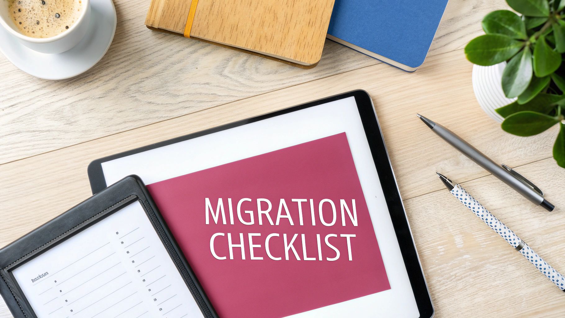 Migration Checklist Displayed On Tablet Screen With Notebooks, Pens, Coffee, And Plant On Wooden Desk