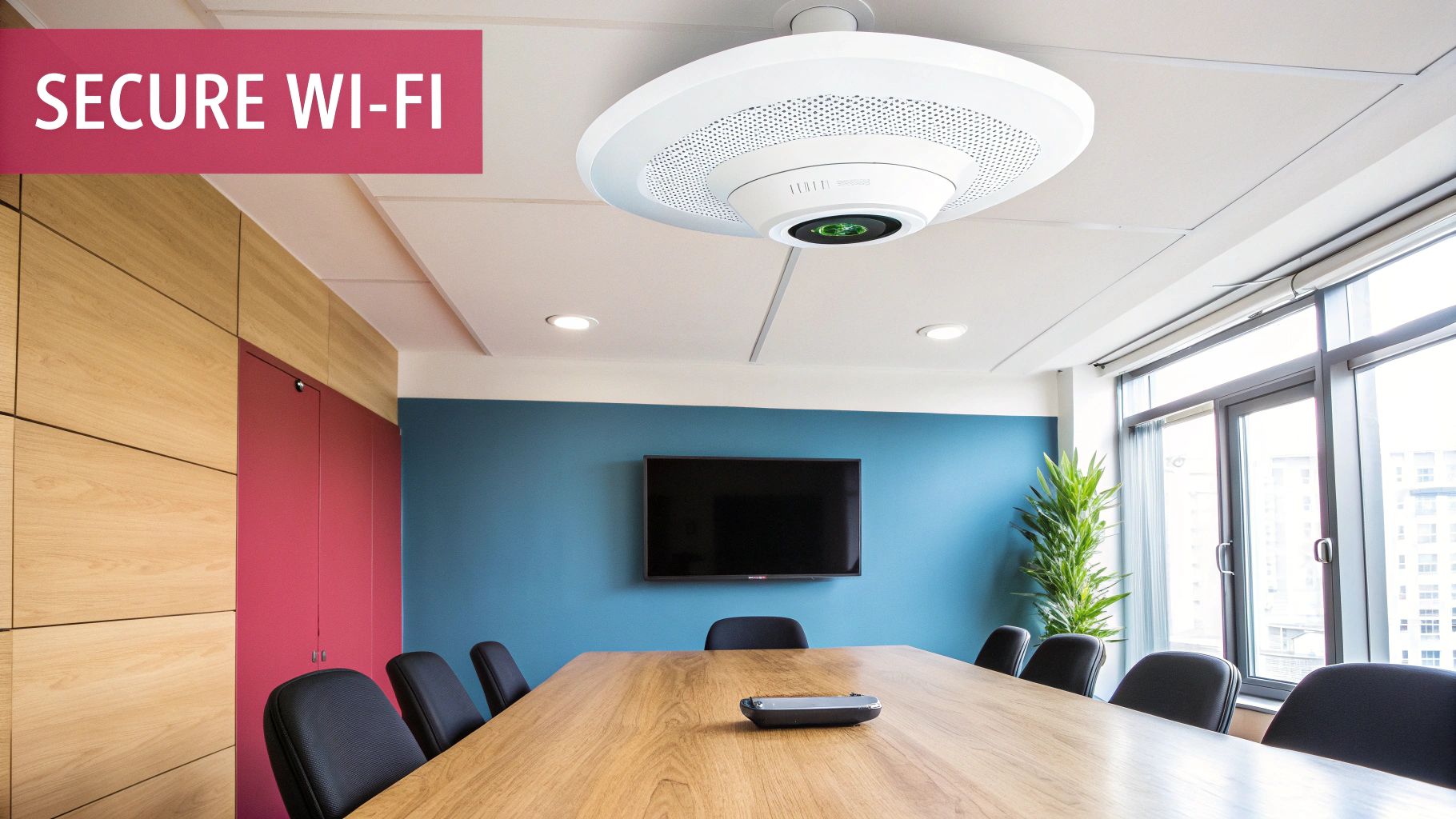 A Modern Conference Room Features A Large Wooden Table, Chairs, A Tv, And A Ceiling-Mounted Device, With A 'Secure Wi-Fi' Banner.