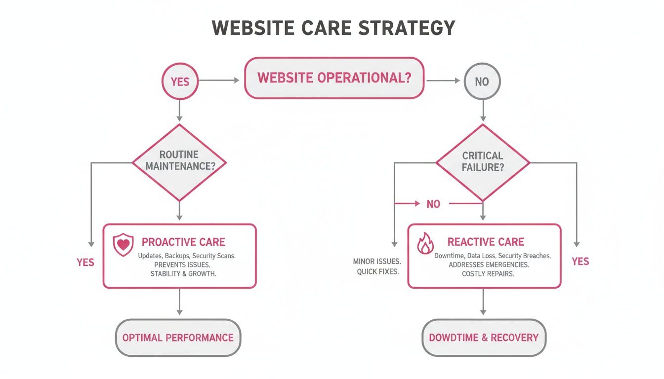 A Flowchart Illustrating A Website Care Strategy, Distinguishing Between Proactive Maintenance And Reactive Failure Response.