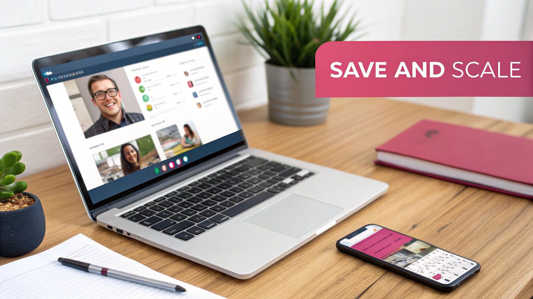 A Guide To Hosted Voip Phone Systems For Uk Businesses A Laptop On A Wooden Desk Displays A Video Call With Multiple Participants. Text: Save And Scale.