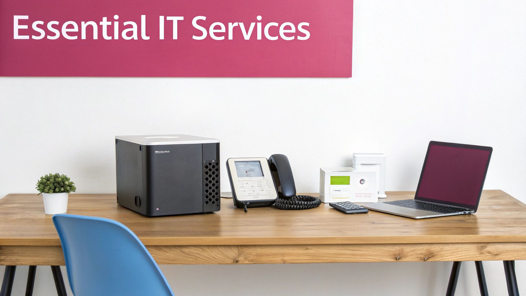 A Desk Setup With It Equipment, Including A Server, Phone, Laptop, And An &Quot;Essential It Services&Quot; Sign.