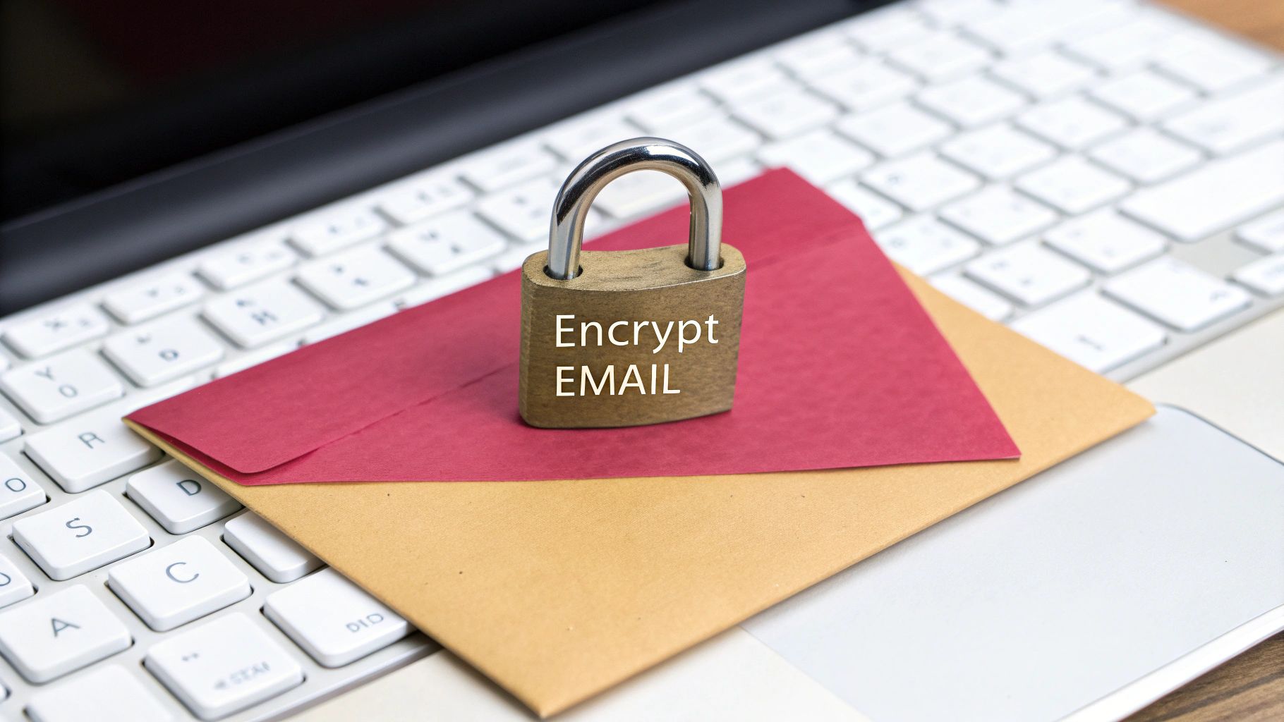 A Brass Padlock With 'Encrypt Email' Text On It Sits On Envelopes On A Laptop Keyboard.