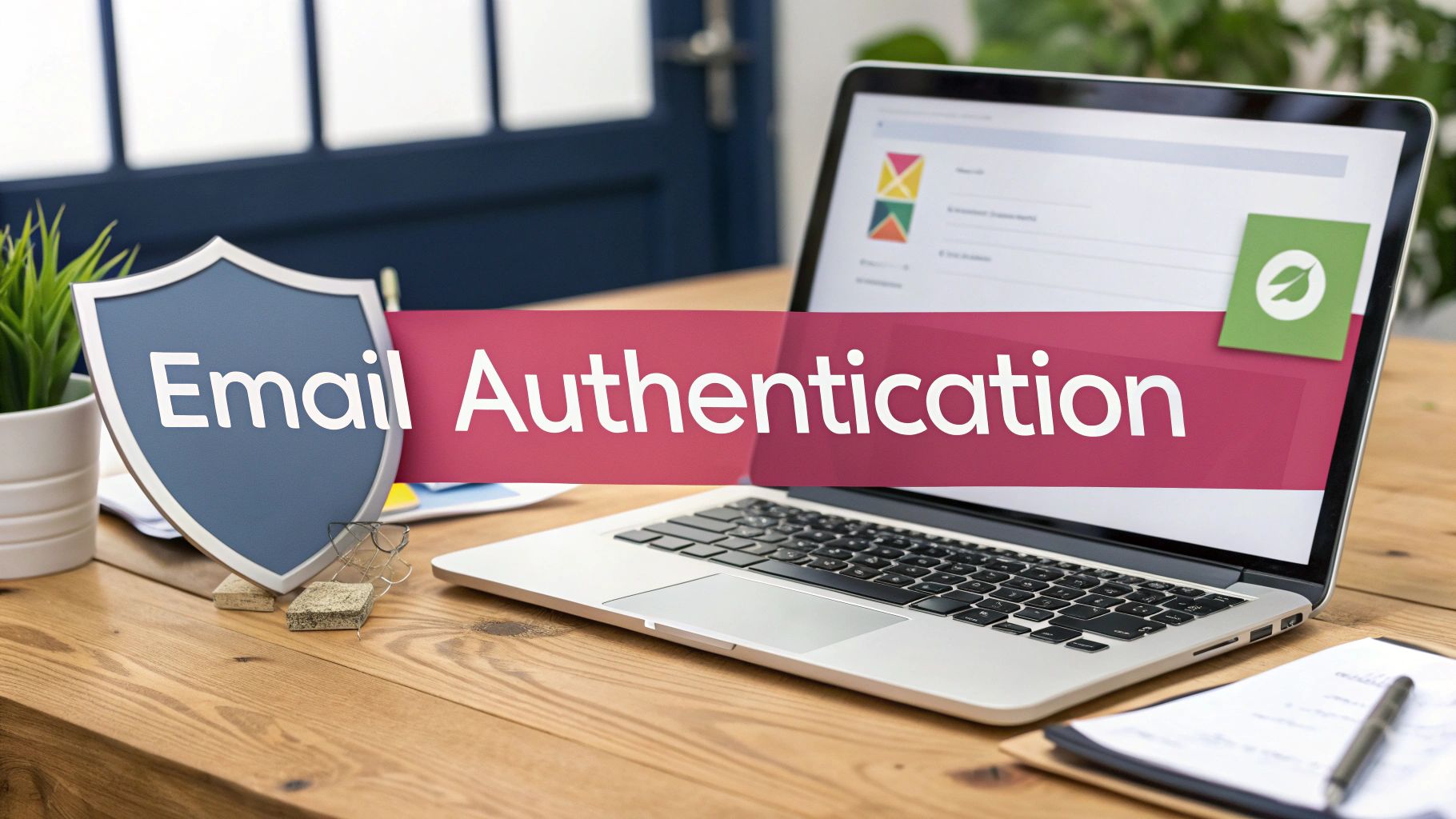 A Laptop And Shield Icon On A Wooden Desk With A Banner Displaying 'Email Authentication'.
