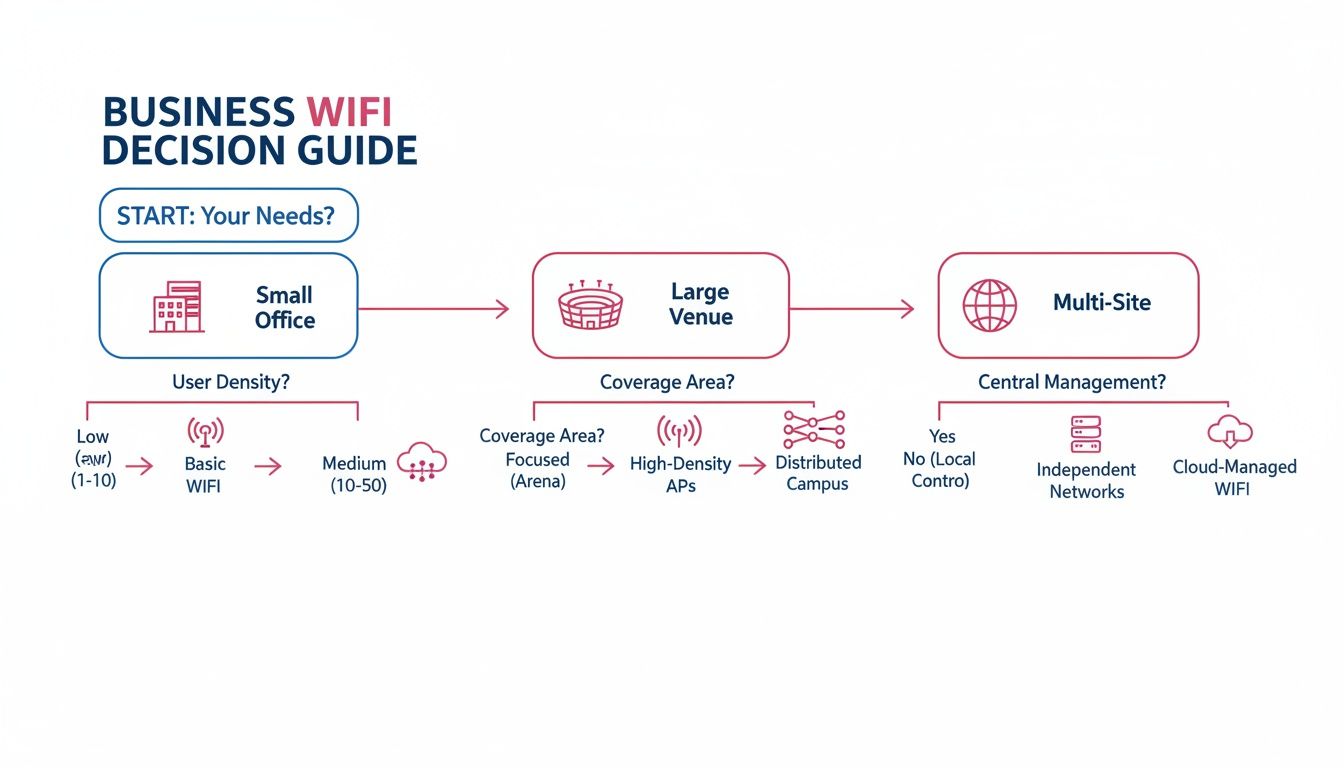 Flowchart Detailing A Business Wifi Decision Guide Based On Office Size, User Density, Coverage, And Central Management.