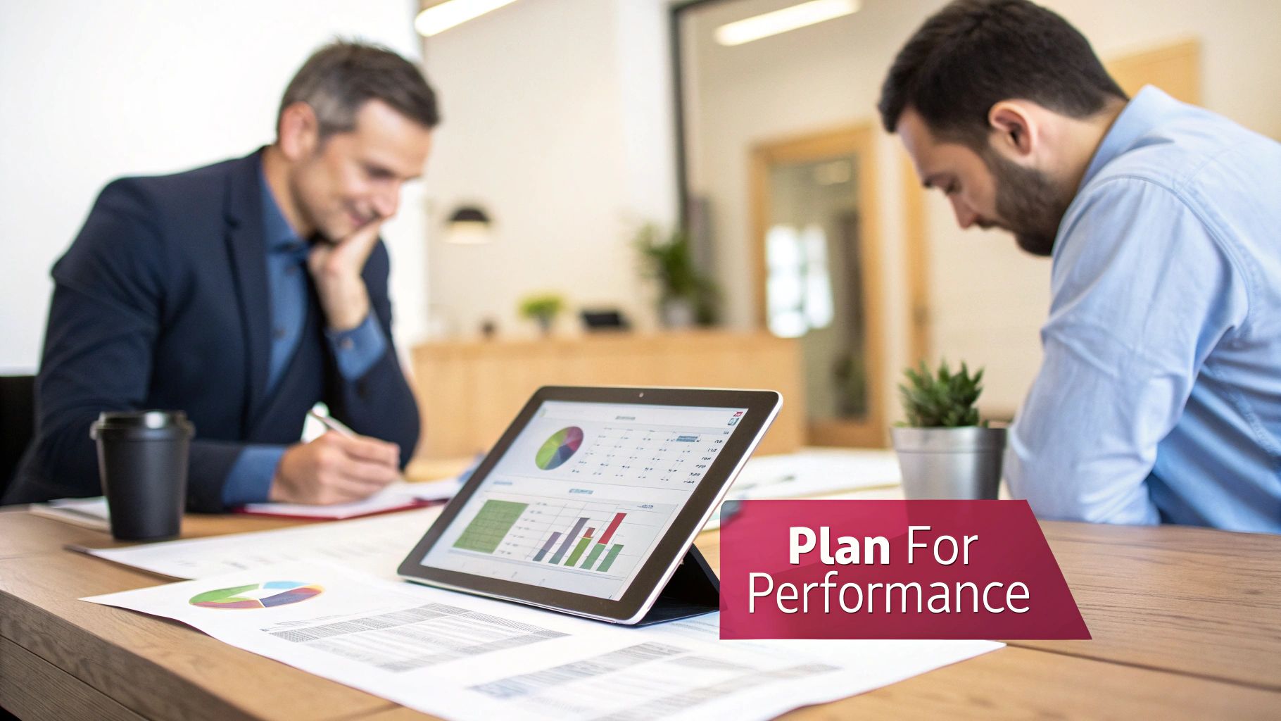 A Guide To High-Performance Wifi In Office Environments Two Businessmen Review Data On A Tablet And Papers At An Office Desk, Planning Performance.