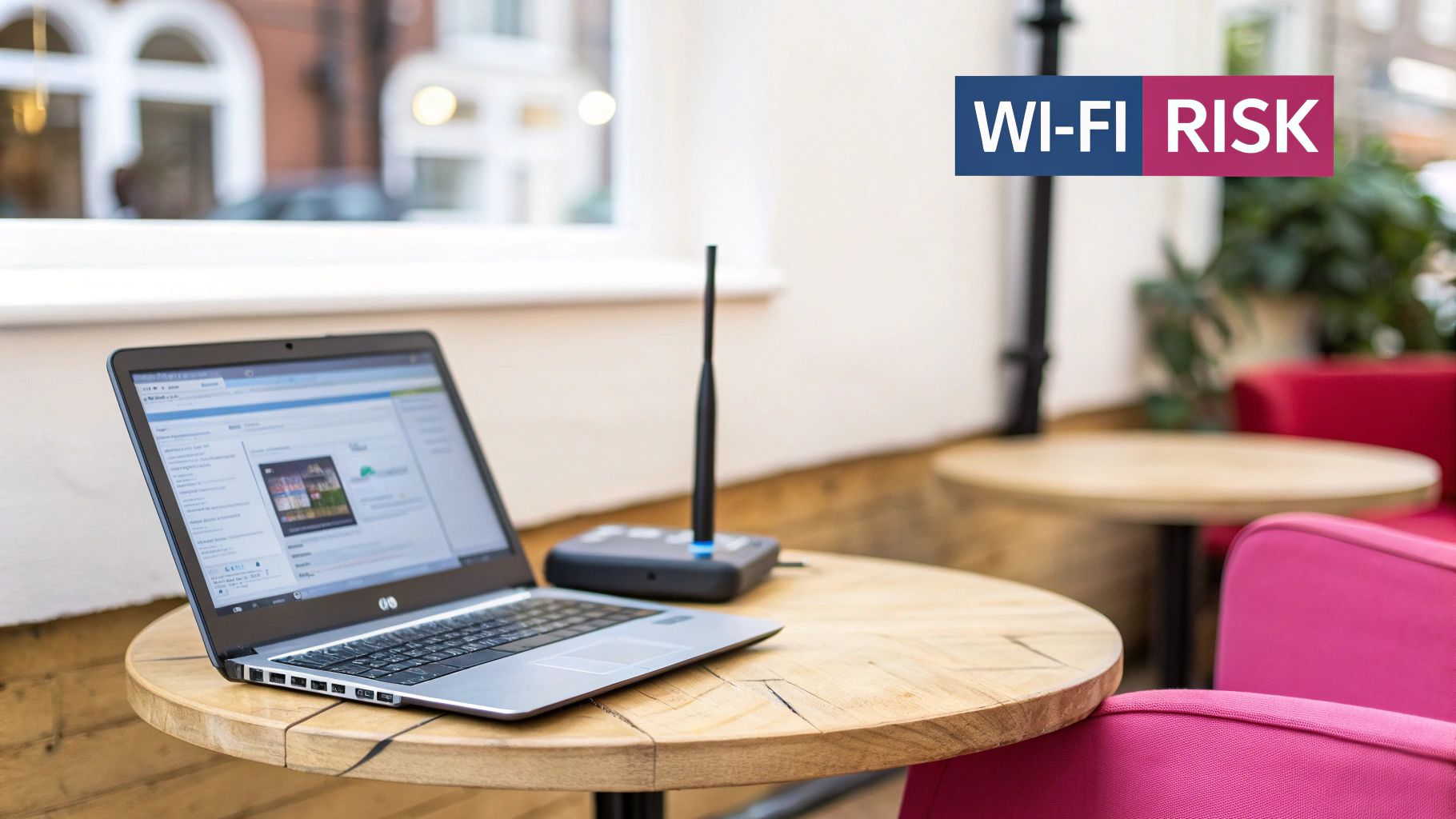 Security For Wi Fi: An Essential Guide To Protecting Your Professional Services Network A Laptop And Wi-Fi Router On A Wooden Table, Emphasizing Wi-Fi Security Risks In A Public Space.