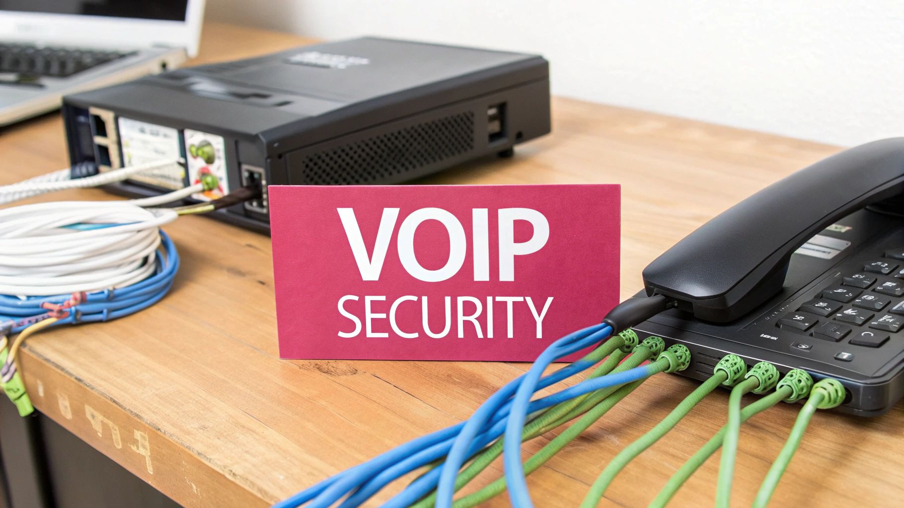 A Black Voip Phone, Network Device, And Cables On A Wooden Desk With A 'Voip Security' Sign.