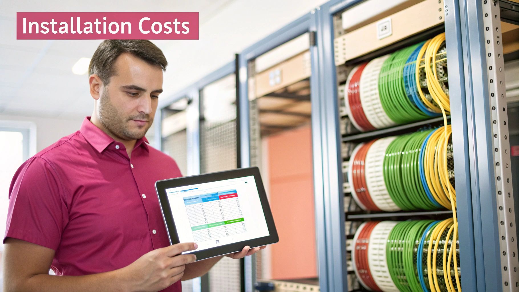 Cat 6 Vs Cat 7: A Practical Comparison For Uk Businesses Engineer Reviewing Installation Costs On A Tablet In A Data Center With Organized Network Cables.