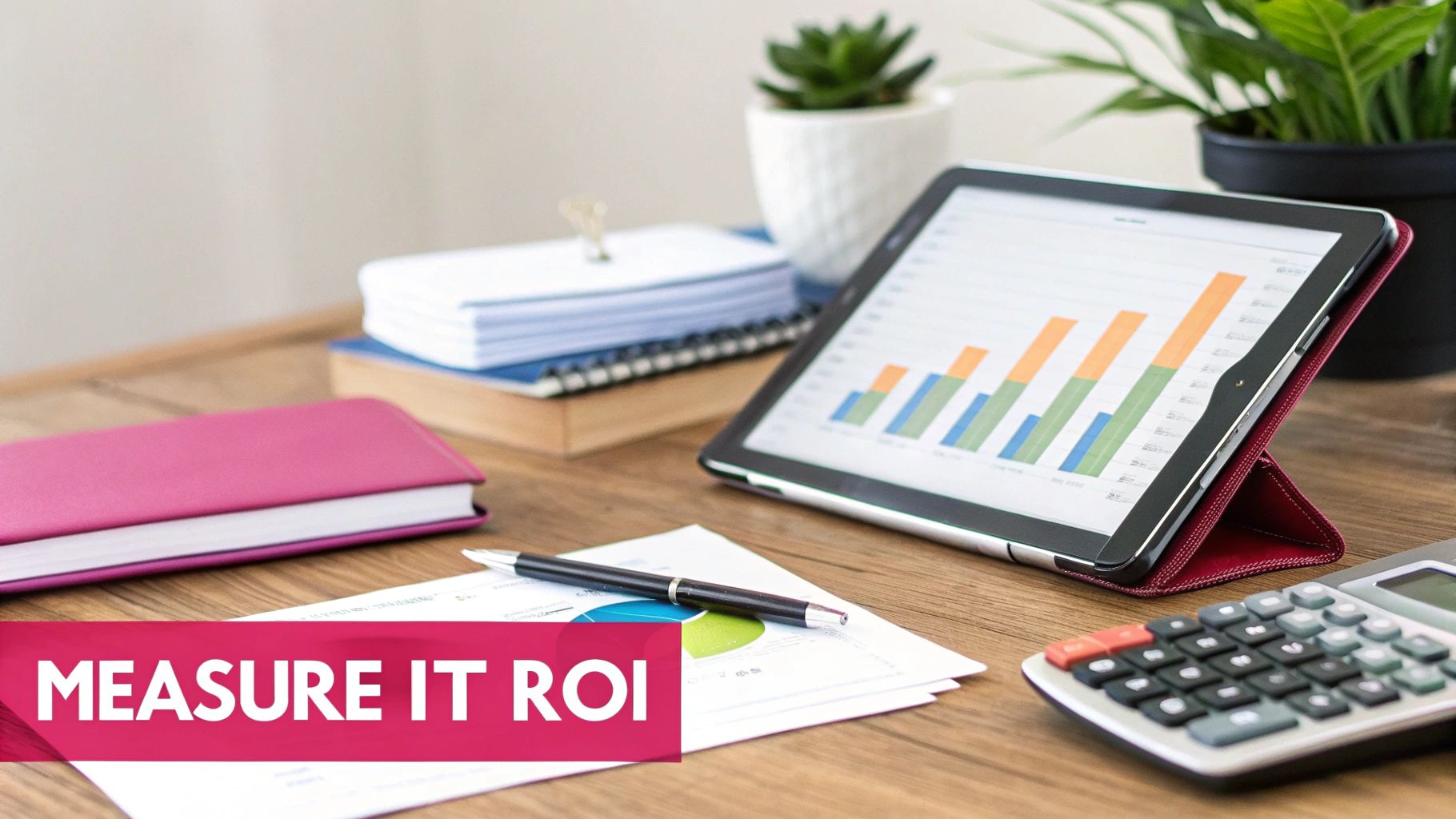 A Strategic Guide To Managed It Services And Support Desk Setup With A Tablet Displaying A Bar Chart, Calculator, Documents, And A Pen, Emphasizing It Roi Measurement.