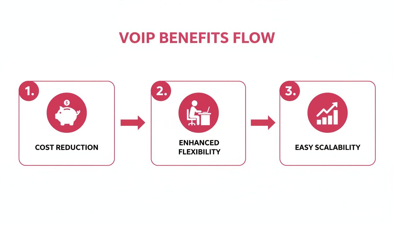 A Flow Diagram Illustrating Voip Benefits: Cost Reduction, Enhanced Flexibility, And Easy Scalability.