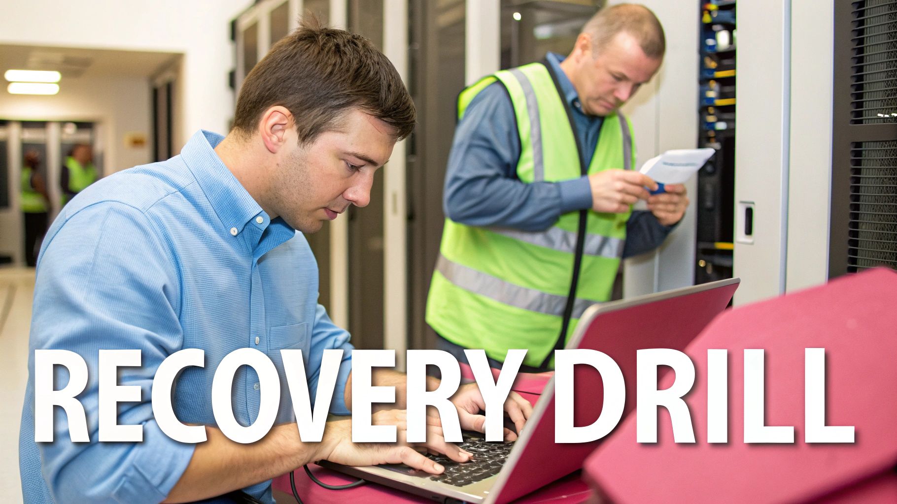 Two It Professionals Conduct A Recovery Drill In A Server Room, One Using A Laptop.