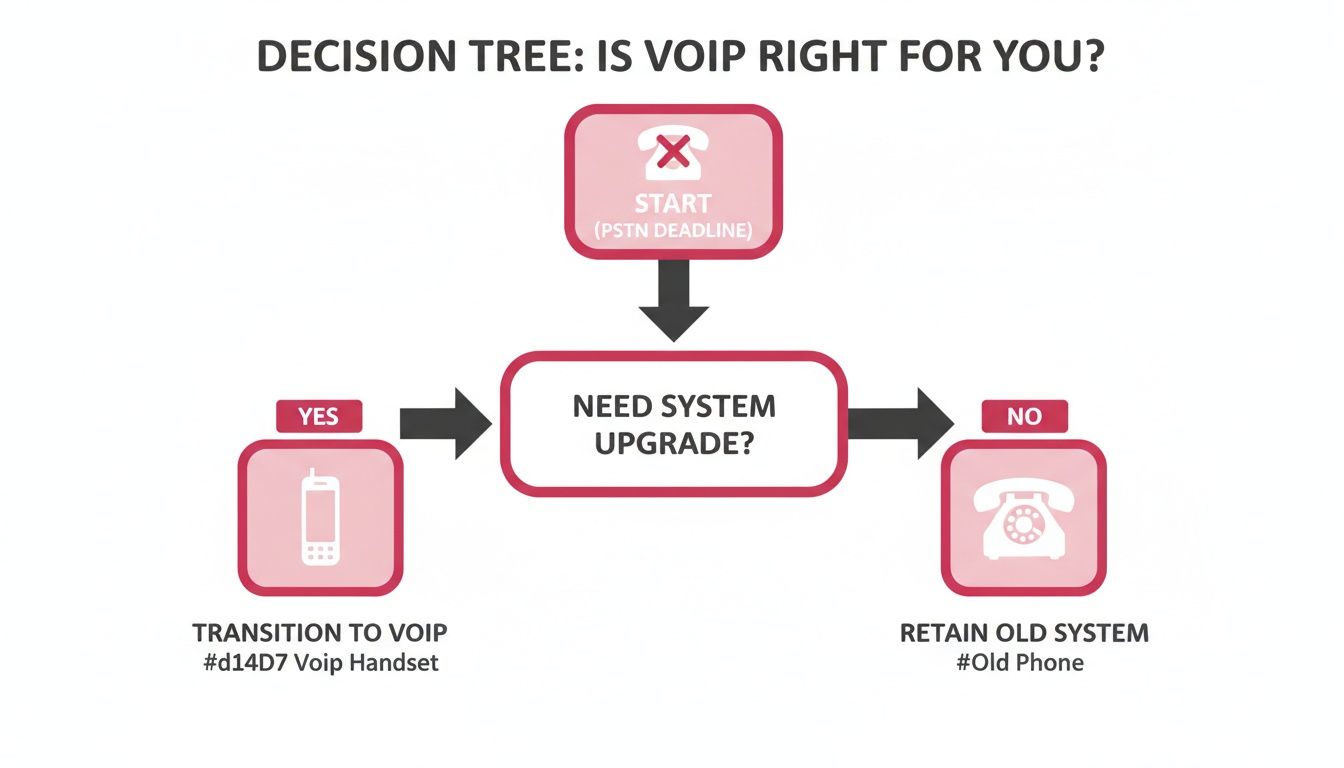 A Decision Tree Diagram Asking If Voip Is Right For You, Based On System Upgrade Needs.