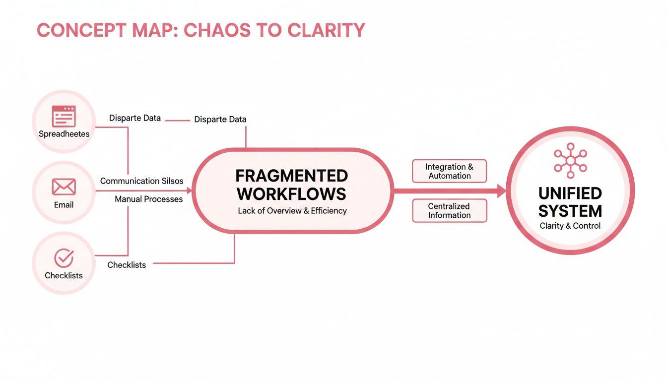 Concept Map Showing How Fragmented Workflows Become A Unified System Through Integration For Clarity And Control.