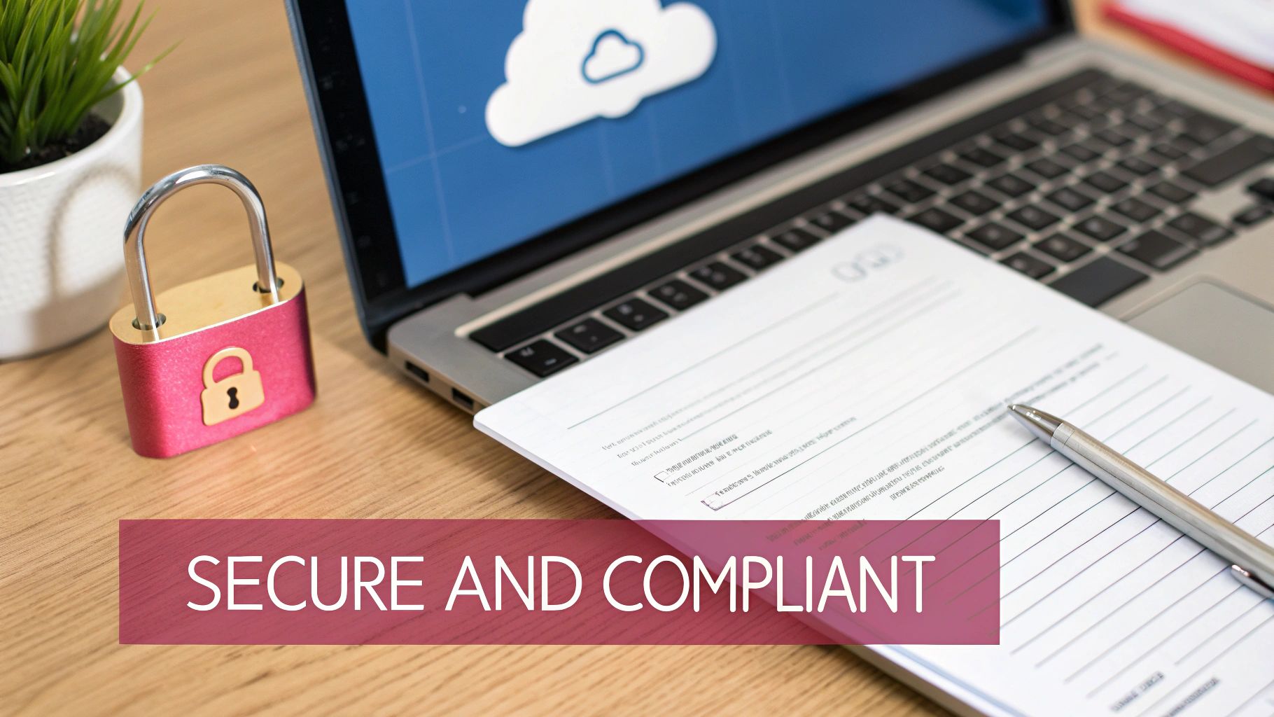 A Pink Padlock, Laptop With Cloud Icon, Document, And Pen On A Desk, Representing Secure Cloud Compliance.