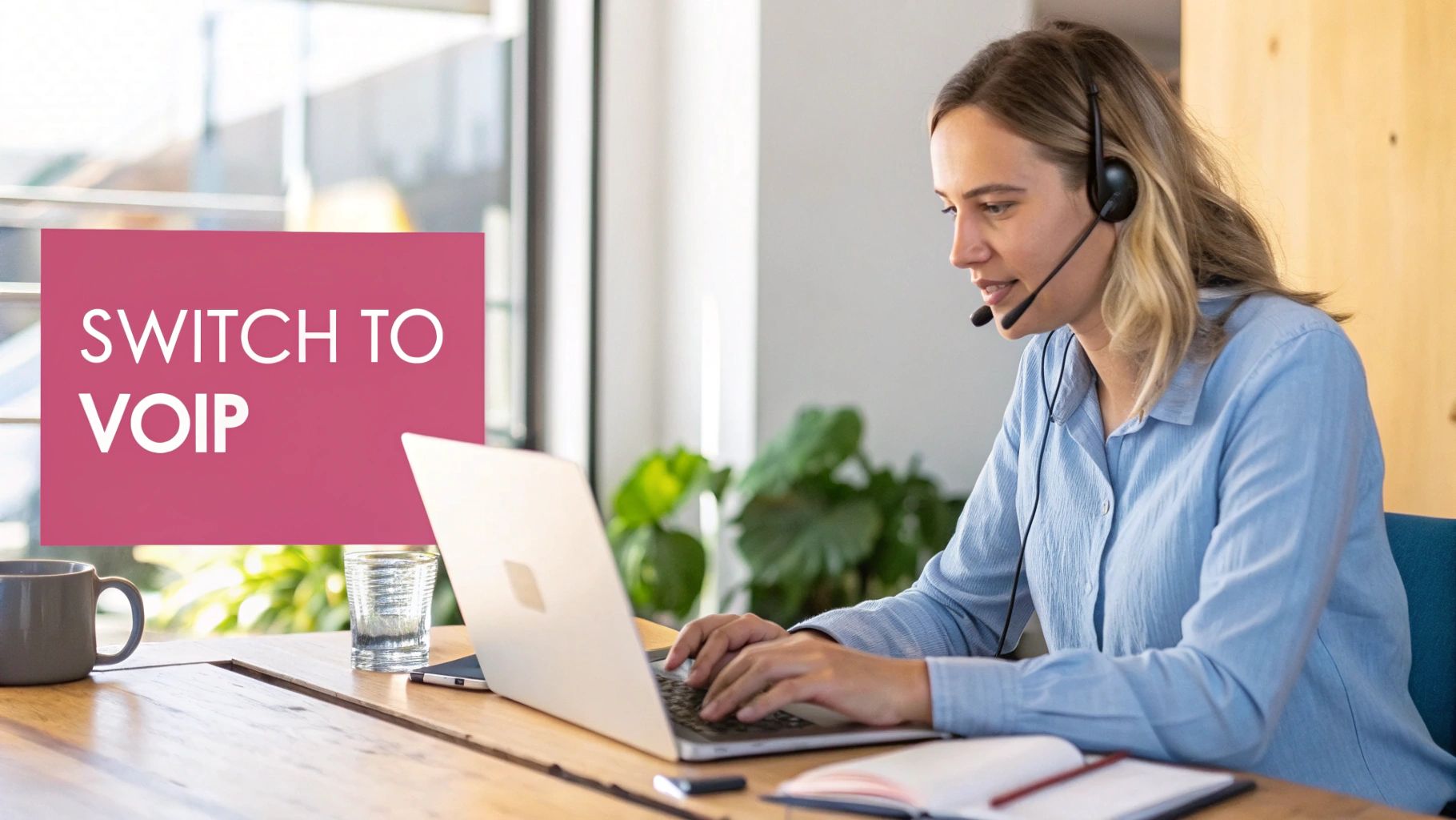 Uk Voip Solutions For Small Businesses Explained A Person Working On A Laptop While On A Voip Call, With Icons Representing Different Communication Features Floating Around Them.