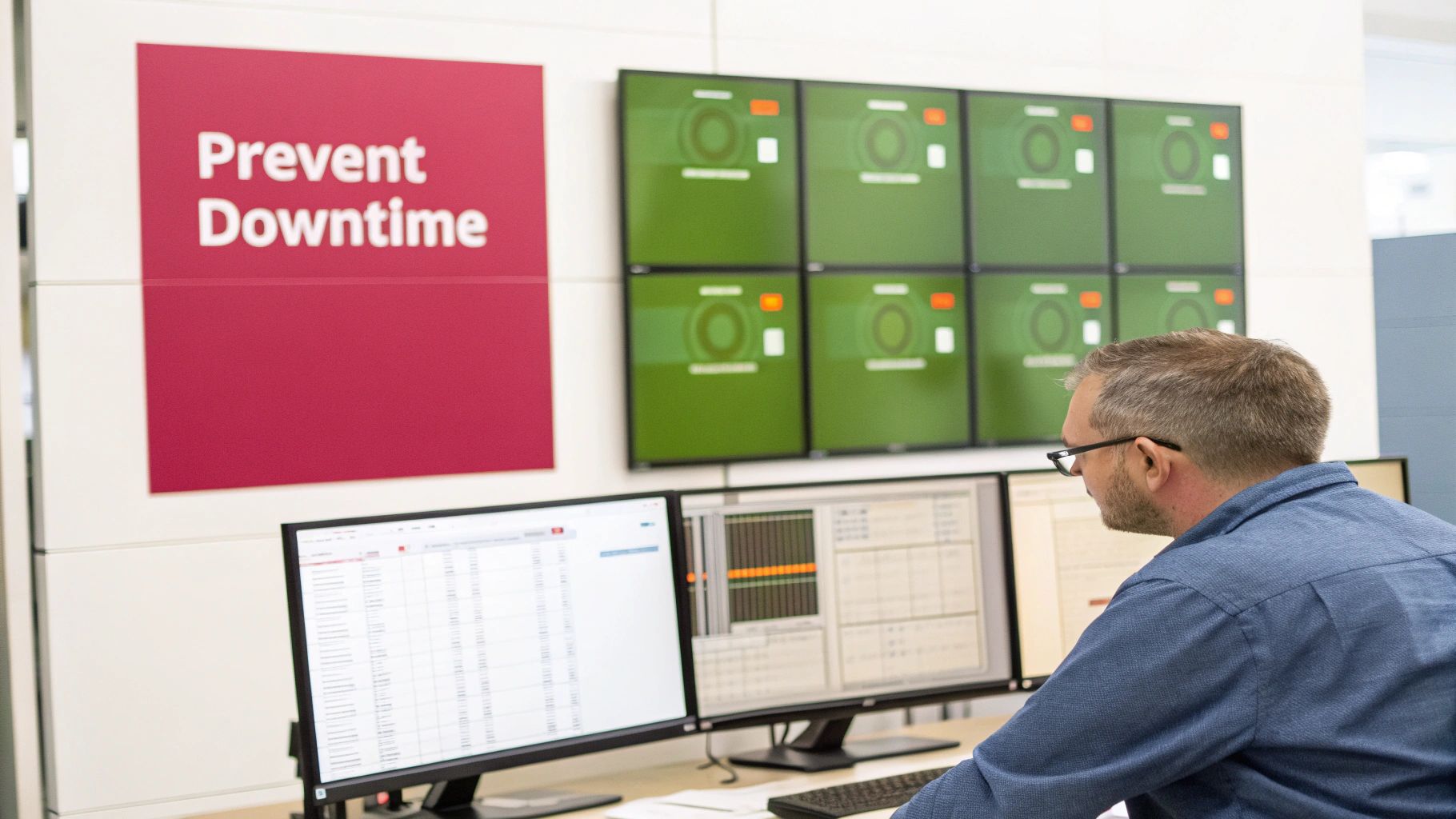 An It Professional Monitors Multiple Screens In A Control Room, Focused On Preventing System Downtime.