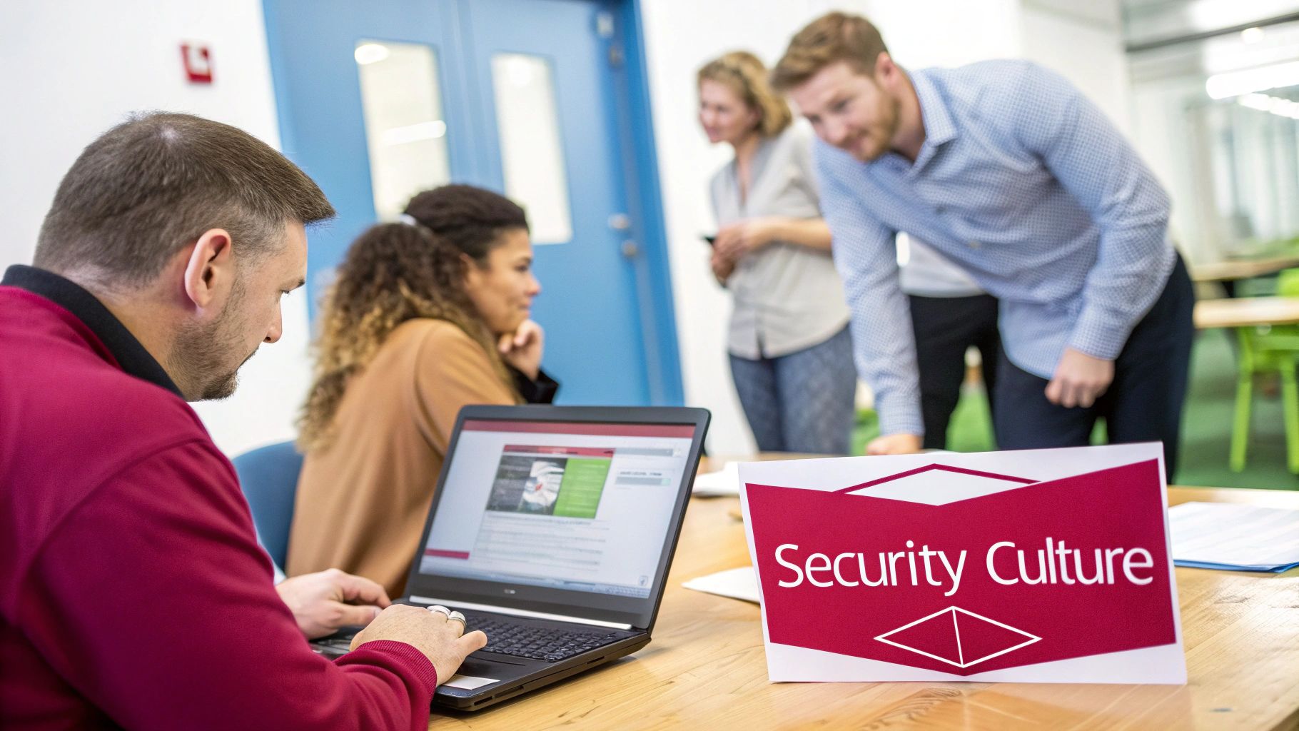 A Uk Business Guide To Preventing Data Loss People In An Office Collaborating, With One Person Typing On A Laptop And A 'Security Culture' Sign On The Table.