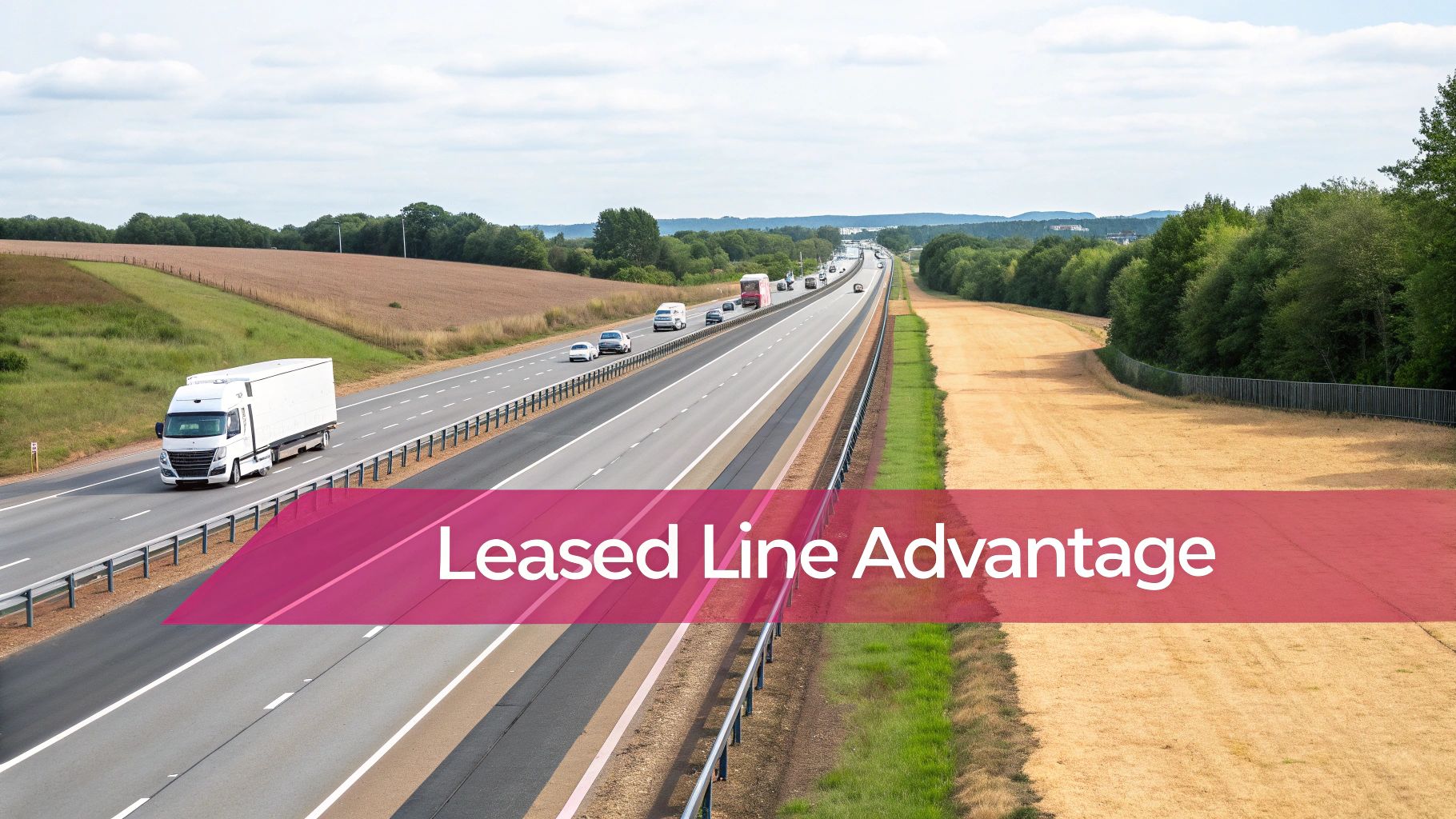 A Busy Highway With A White Truck, Cars, Fields, And Trees Under A Cloudy Sky, With &Quot;Leased Line Advantage&Quot; Text.