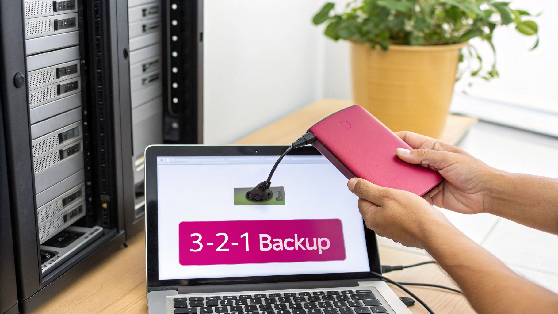 A Uk Business Guide To Preventing Data Loss Person Connecting A Pink External Hard Drive To A Laptop Displaying '3-2-1 Backup', With Server Racks.