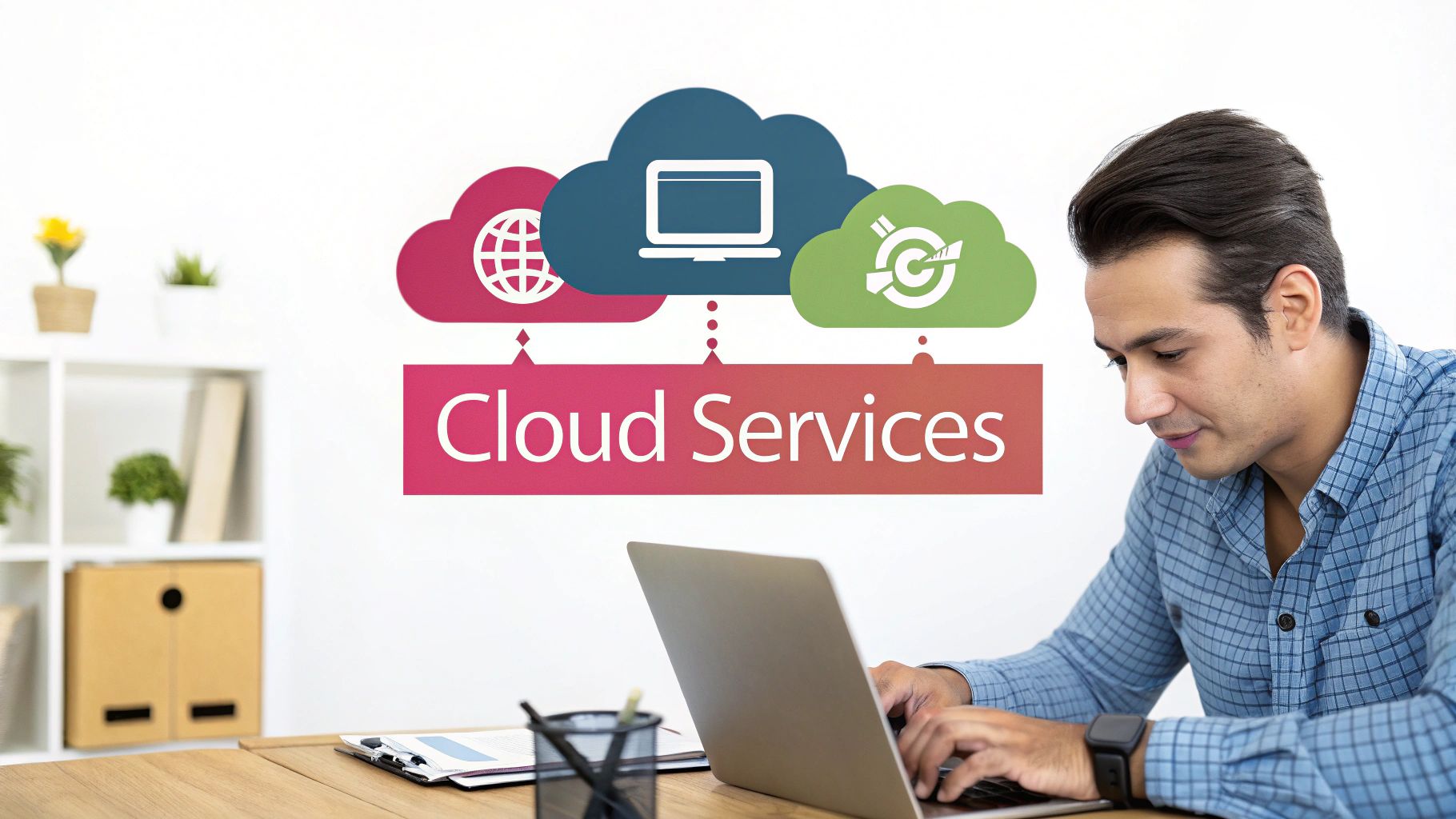 A Guide To It Support &Amp; Services For Uk Businesses A Man Uses A Laptop At A Desk With A 'Cloud Services' Graphic In The Background.