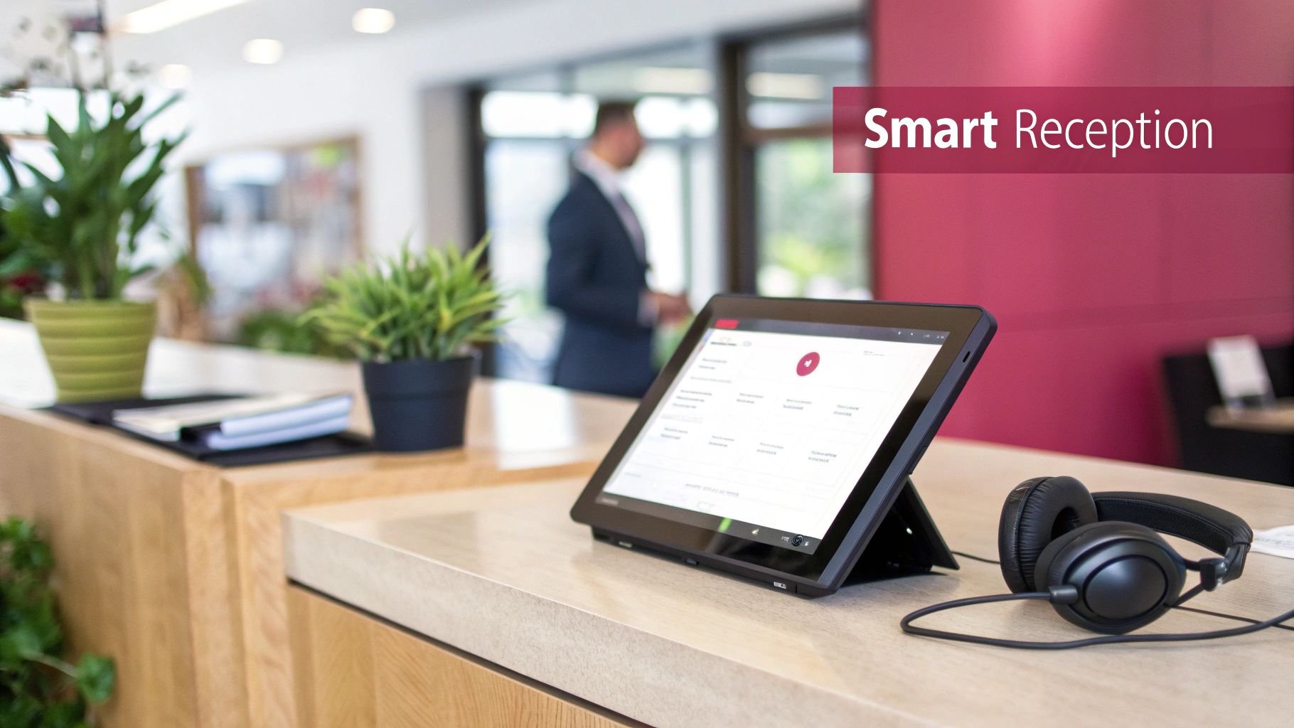 Unlock The Strategic Benefit Of Voip For Your Business A Modern Reception Desk With A Tablet Displaying A 'Smart Reception' System, Headphones, And Potted Plants.