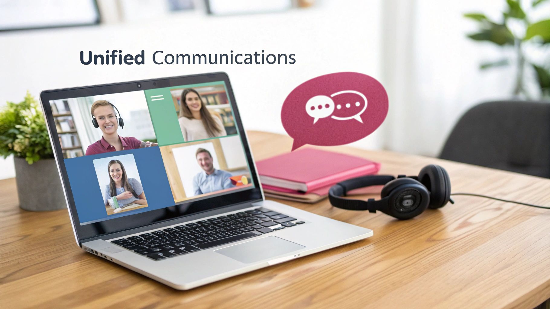 A Laptop Displays A Unified Communications Video Call With Four Participants, Alongside Headphones And A Chat Bubble.