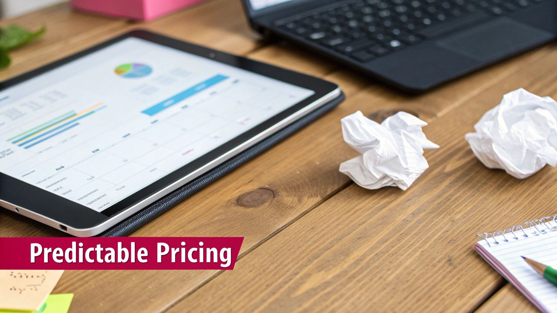 Choosing Managed It Service Companies: A Guide For Smbs Tablet Displaying Business Analytics Charts With Crumpled Paper On Wooden Desk Showing Predictable Pricing Concept
